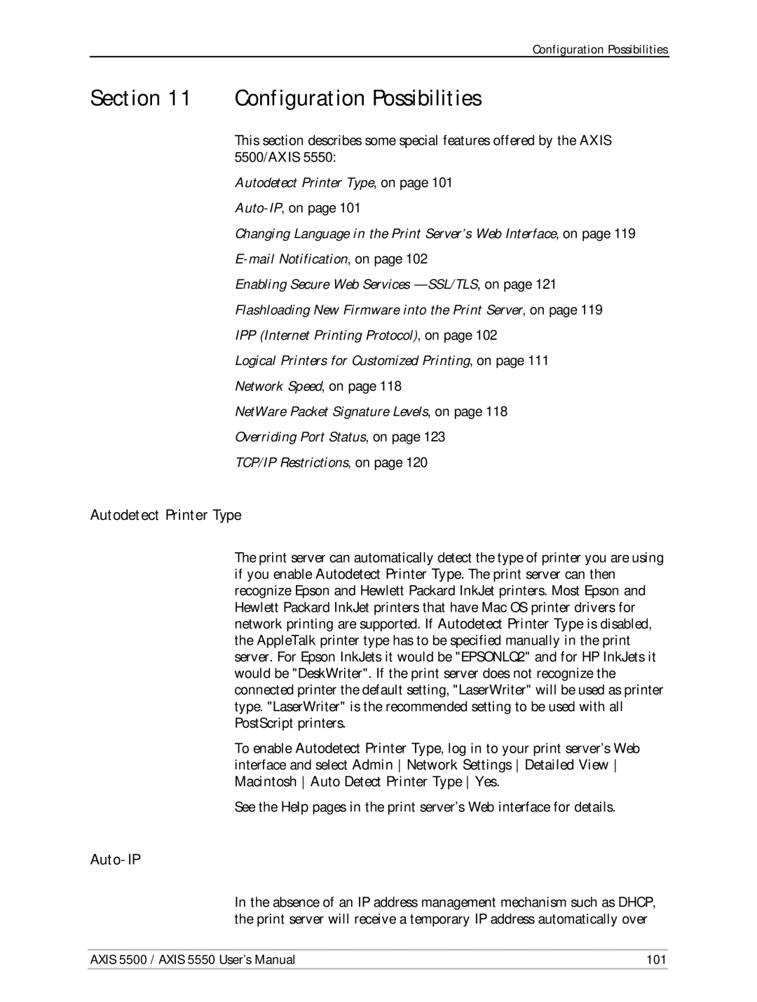Axis Communications AXIS 5550, Network Print Servers Configuration Possibilities, Autodetect Printer Type, Auto-IP, on 