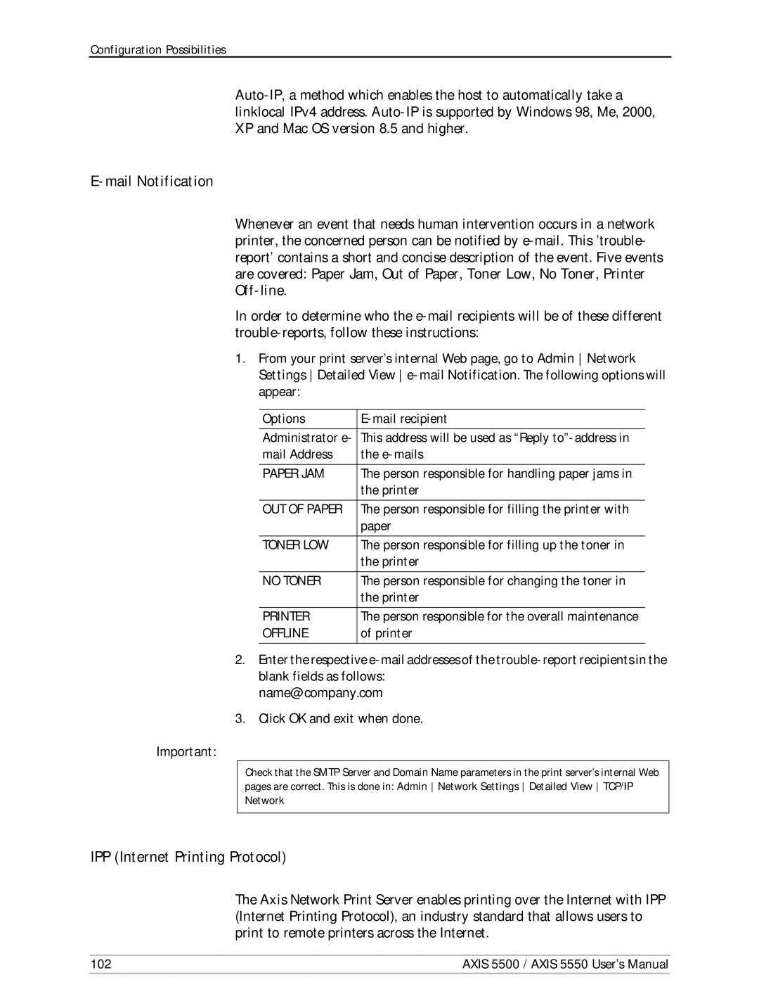 Axis Communications Network Print Servers, AXIS 5500, AXIS 5550 manual Mail Notification, IPP Internet Printing Protocol 