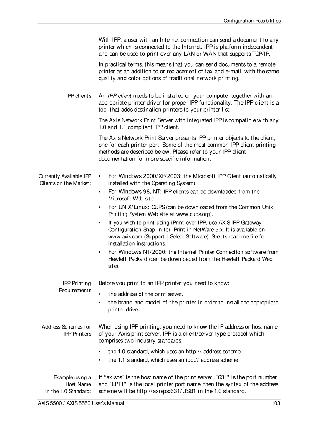 Axis Communications AXIS 5500, Network Print Servers, AXIS 5550 manual IPP Printing, Requirements 