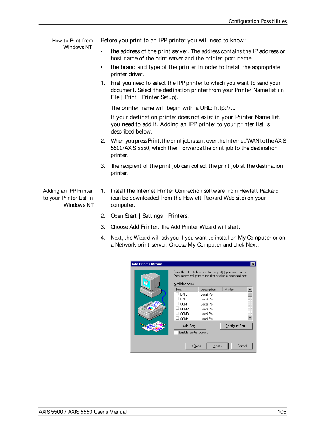 Axis Communications Network Print Servers, AXIS 5500, AXIS 5550 manual Windows NT Computer, Open Start Settings Printers 