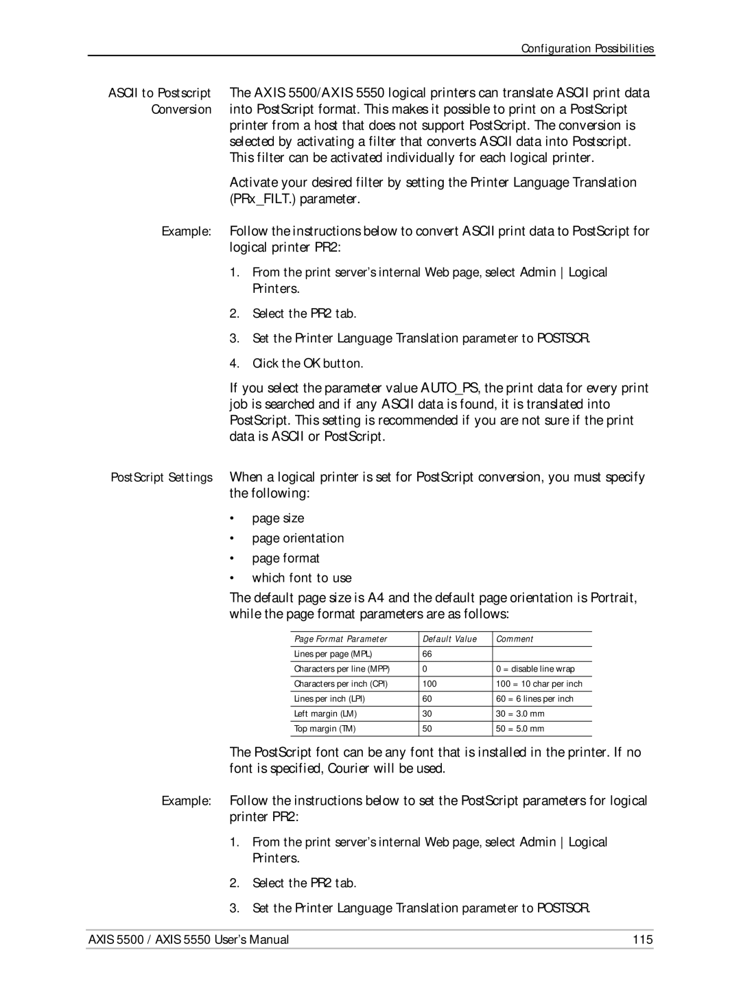 Axis Communications AXIS 5500, Network Print Servers, AXIS 5550 Set the Printer Language Translation parameter to Postscr 