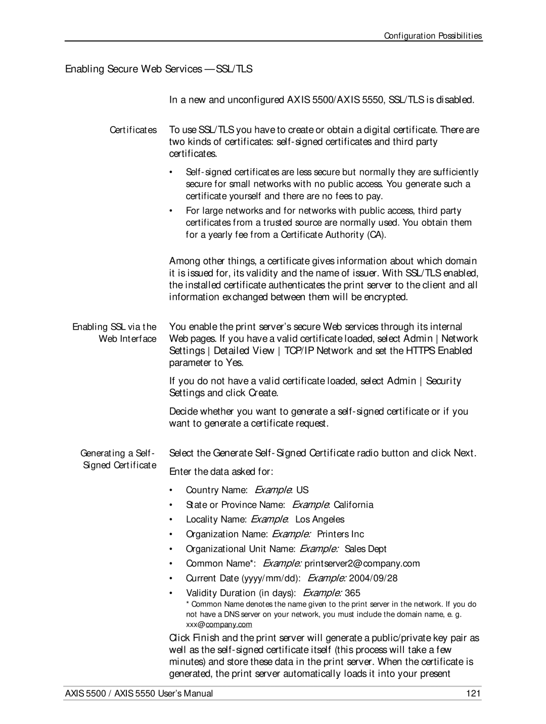 Axis Communications AXIS 5500, Network Print Servers, AXIS 5550 manual Enabling Secure Web Services SSL/TLS, Certificates 