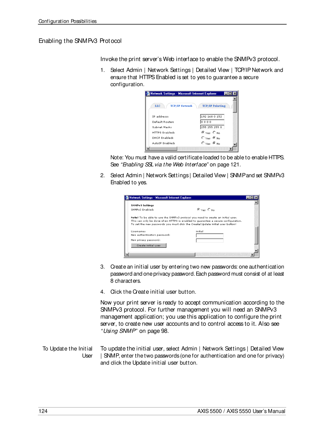 Axis Communications AXIS 5500, Network Print Servers Enabling the SNMPv3 Protocol, Click the Create initial user button 