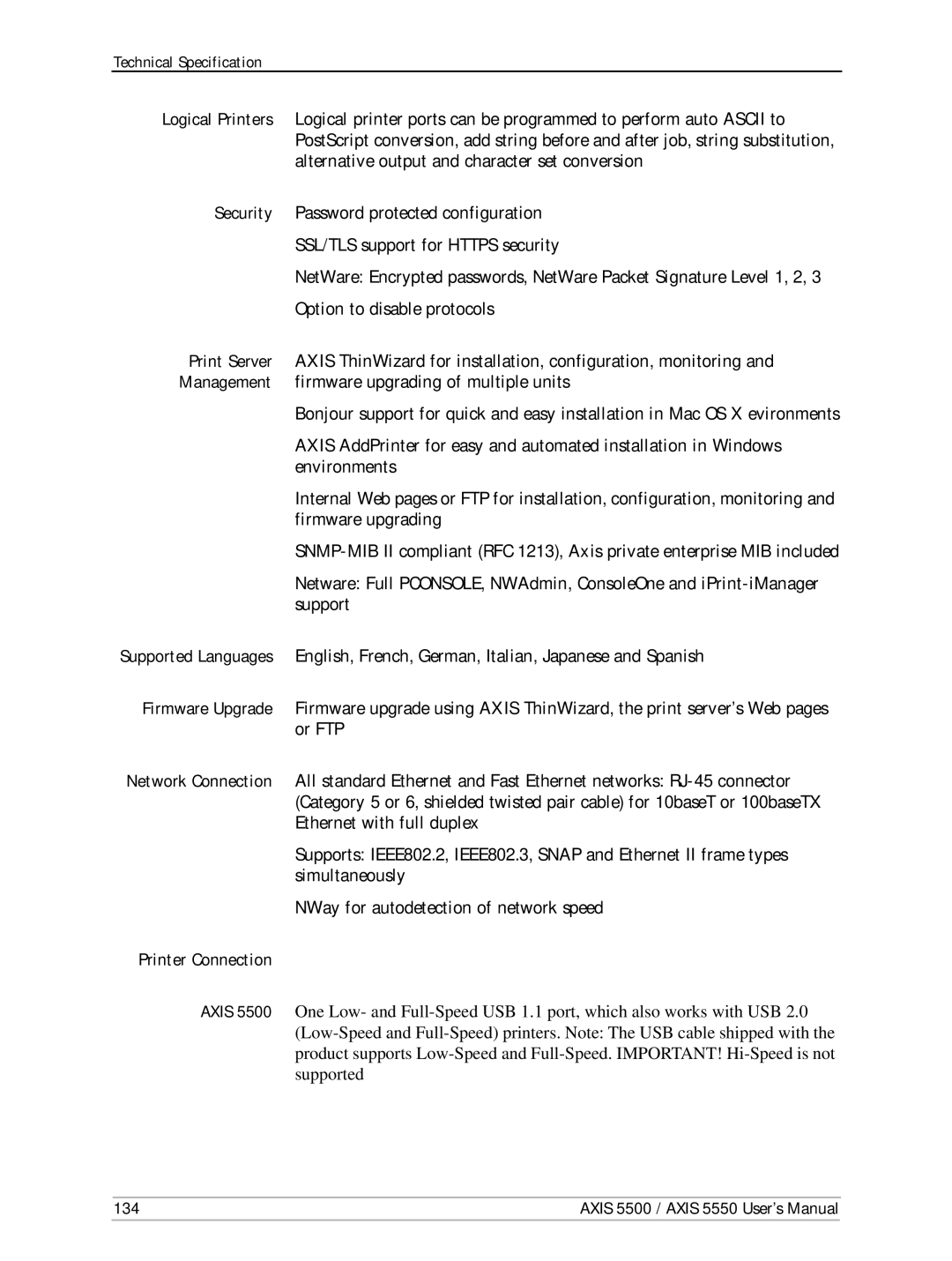 Axis Communications AXIS 5550, Network Print Servers, AXIS 5500 manual Printer Connection 