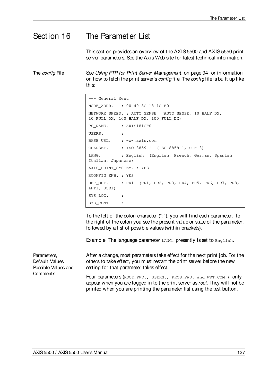 Axis Communications AXIS 5550, Network Print Servers, AXIS 5500 Parameter List, Axis 5500 / Axis 5550 User’s Manual 137 