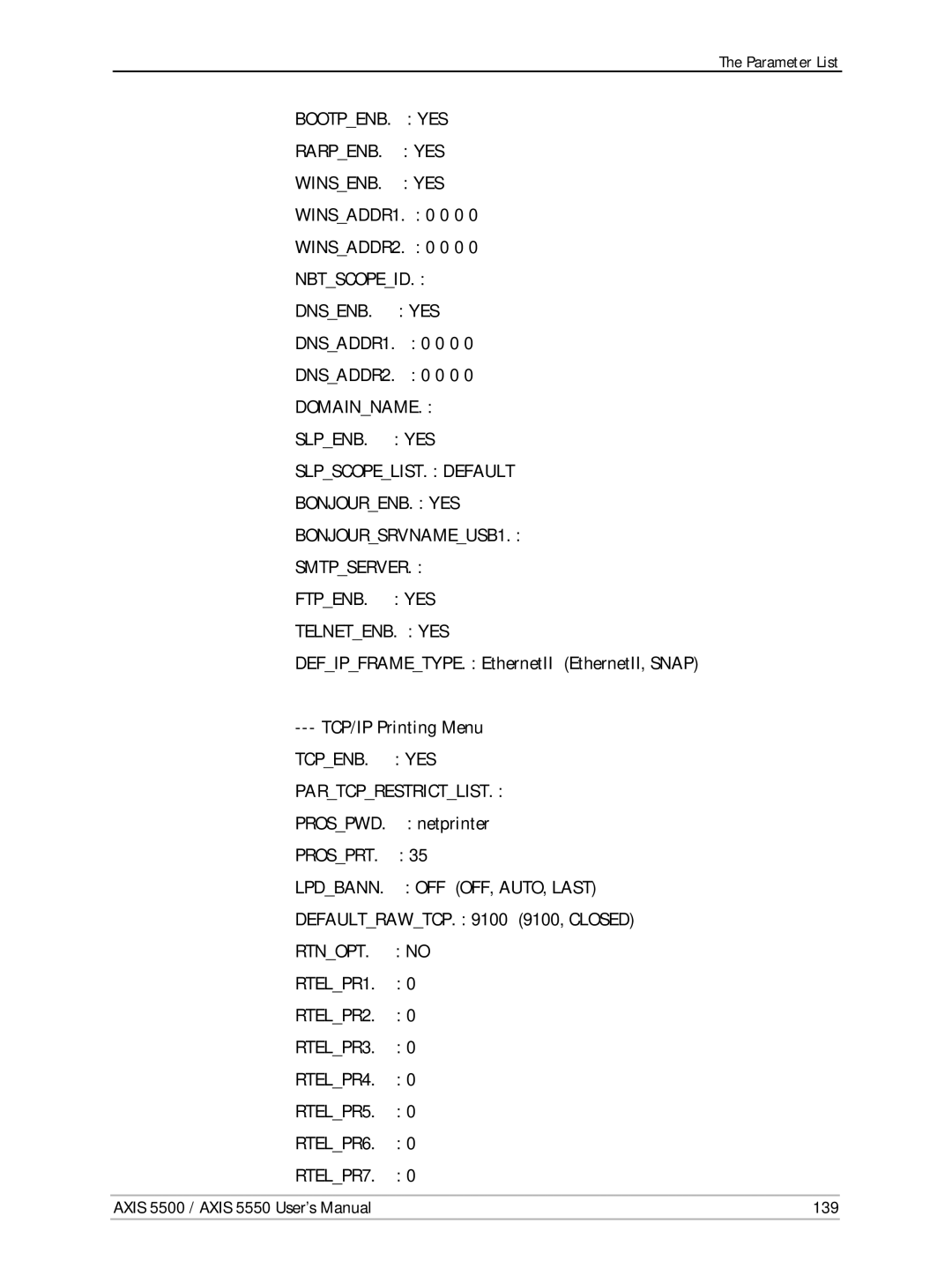 Axis Communications AXIS 5500, Network Print Servers, AXIS 5550 manual WINSADDR1 0 0 WINSADDR2 0 0, DNSADDR1 0 0 DNSADDR2 0 0 