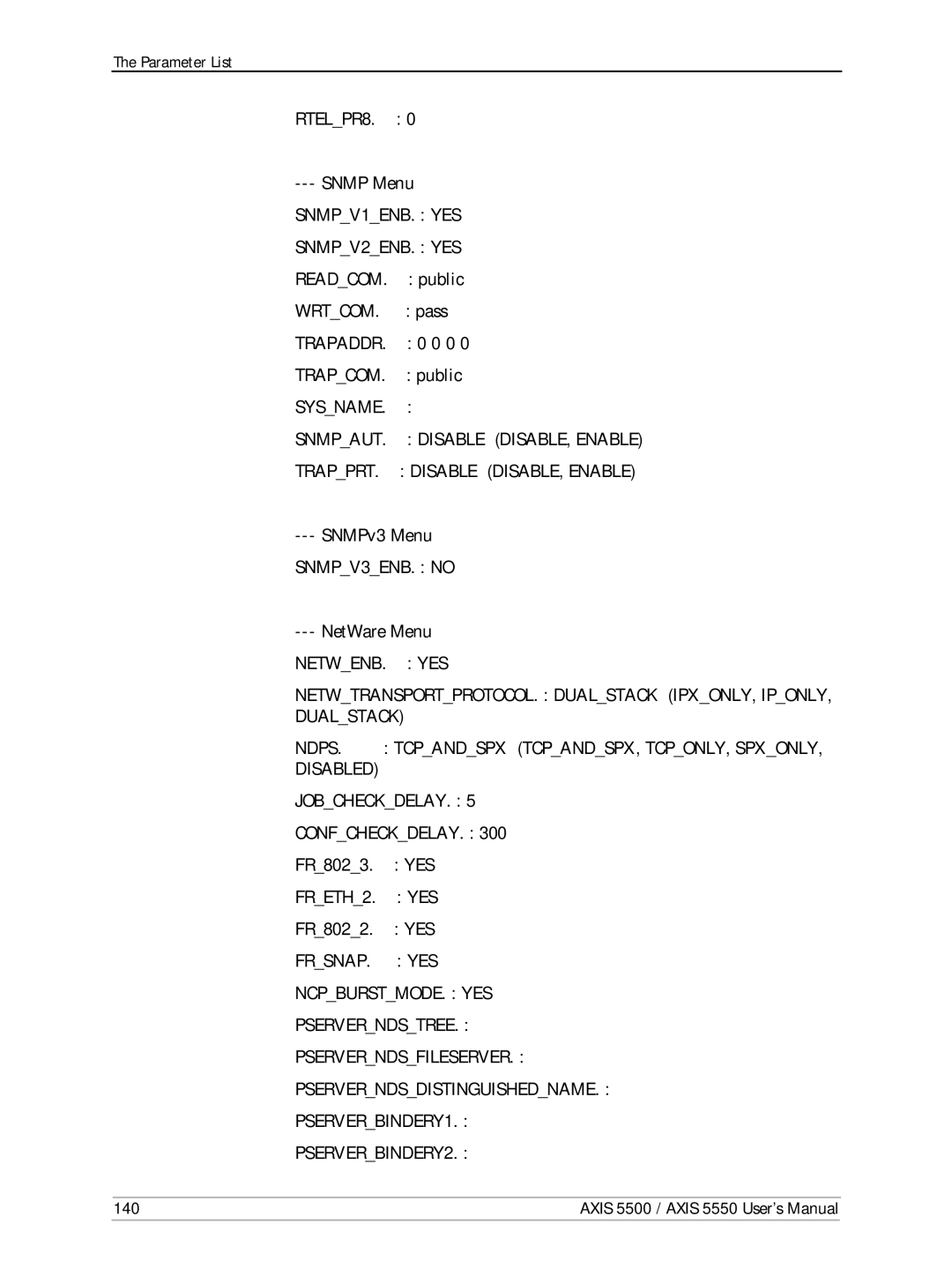 Axis Communications AXIS 5550, Network Print Servers manual SNMPv3 Menu, NetWare Menu NETWENB. YES, FR8023. YES, FR8022. YES 