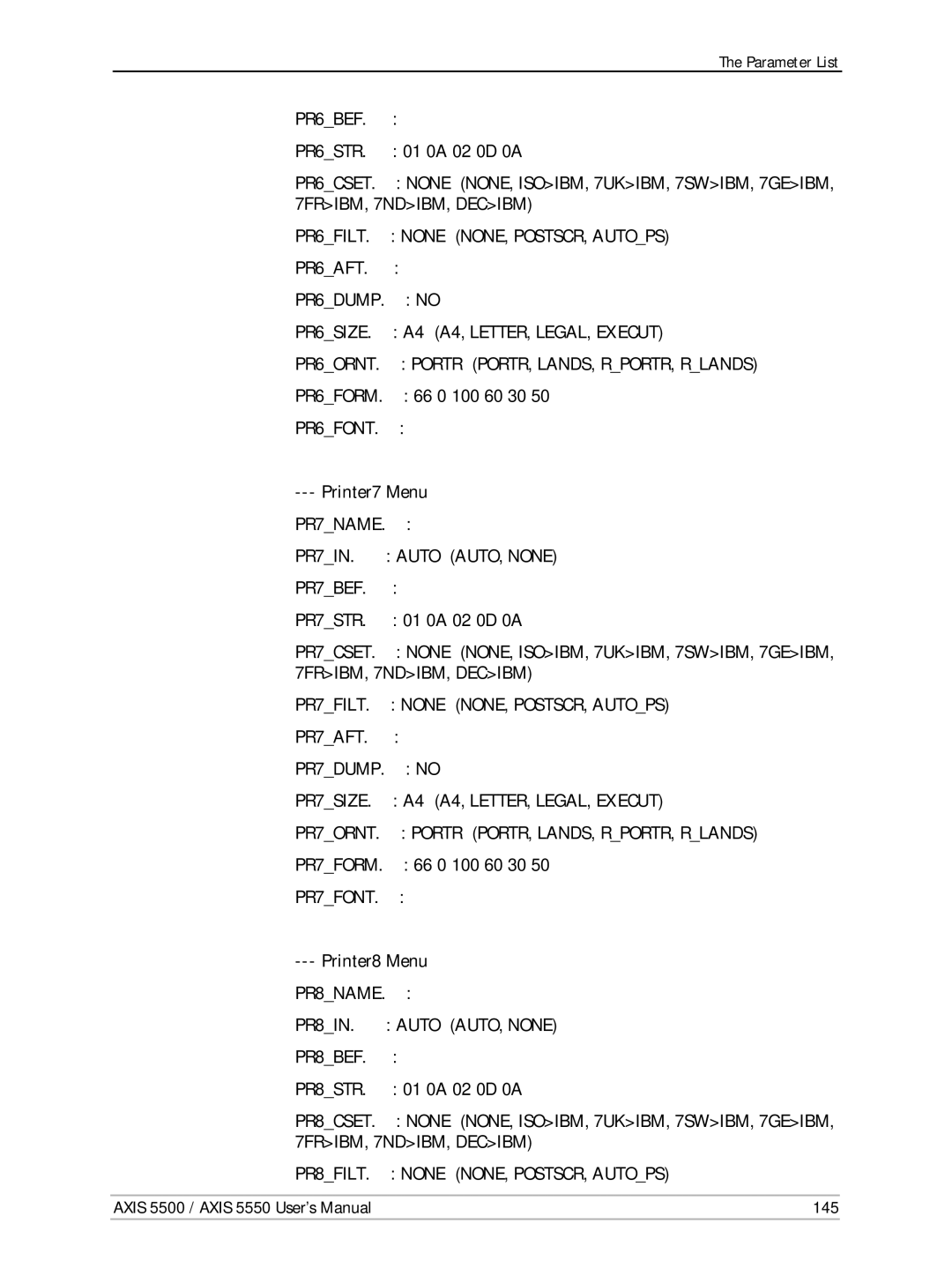 Axis Communications AXIS 5500 manual 01 0A 02 0D 0A, Printer7 Menu PR7NAME, PR7STR 0A 02 0D 0A, Printer8 Menu PR8NAME, 145 