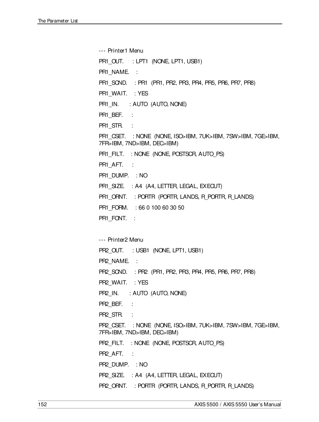 Axis Communications AXIS 5550, AXIS 5500 manual LPT1, PR1 PR1, PR2, PR3, PR4, PR5, PR6, PR7, PR8, Printer2 Menu, USB1, 152 