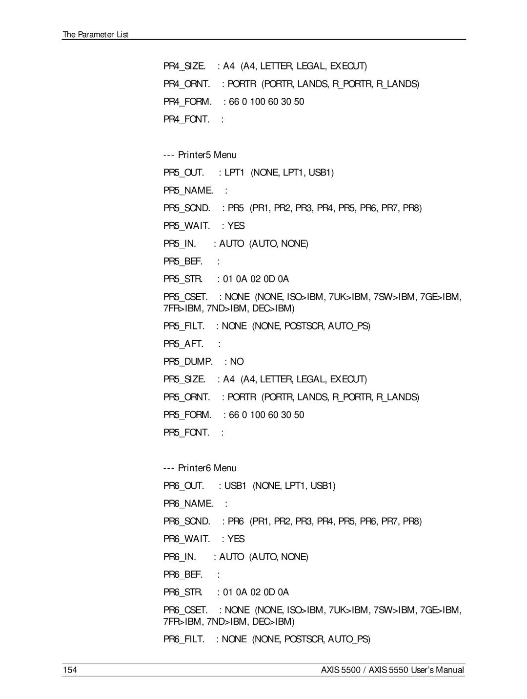 Axis Communications AXIS 5500, AXIS 5550 Printer5 Menu, PR5 PR1, PR2, PR3, PR4, PR5, PR6, PR7, PR8, Printer6 Menu, 154 