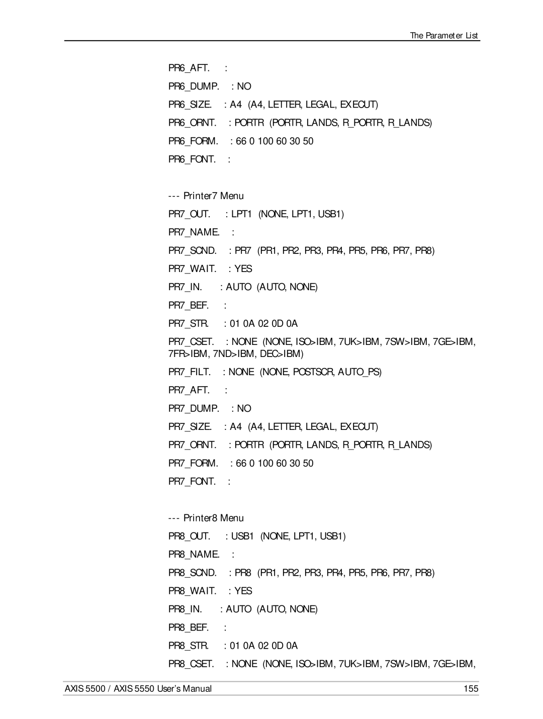 Axis Communications AXIS 5550, AXIS 5500 Printer7 Menu, PR7 PR1, PR2, PR3, PR4, PR5, PR6, PR7, PR8, Printer8 Menu, 155 