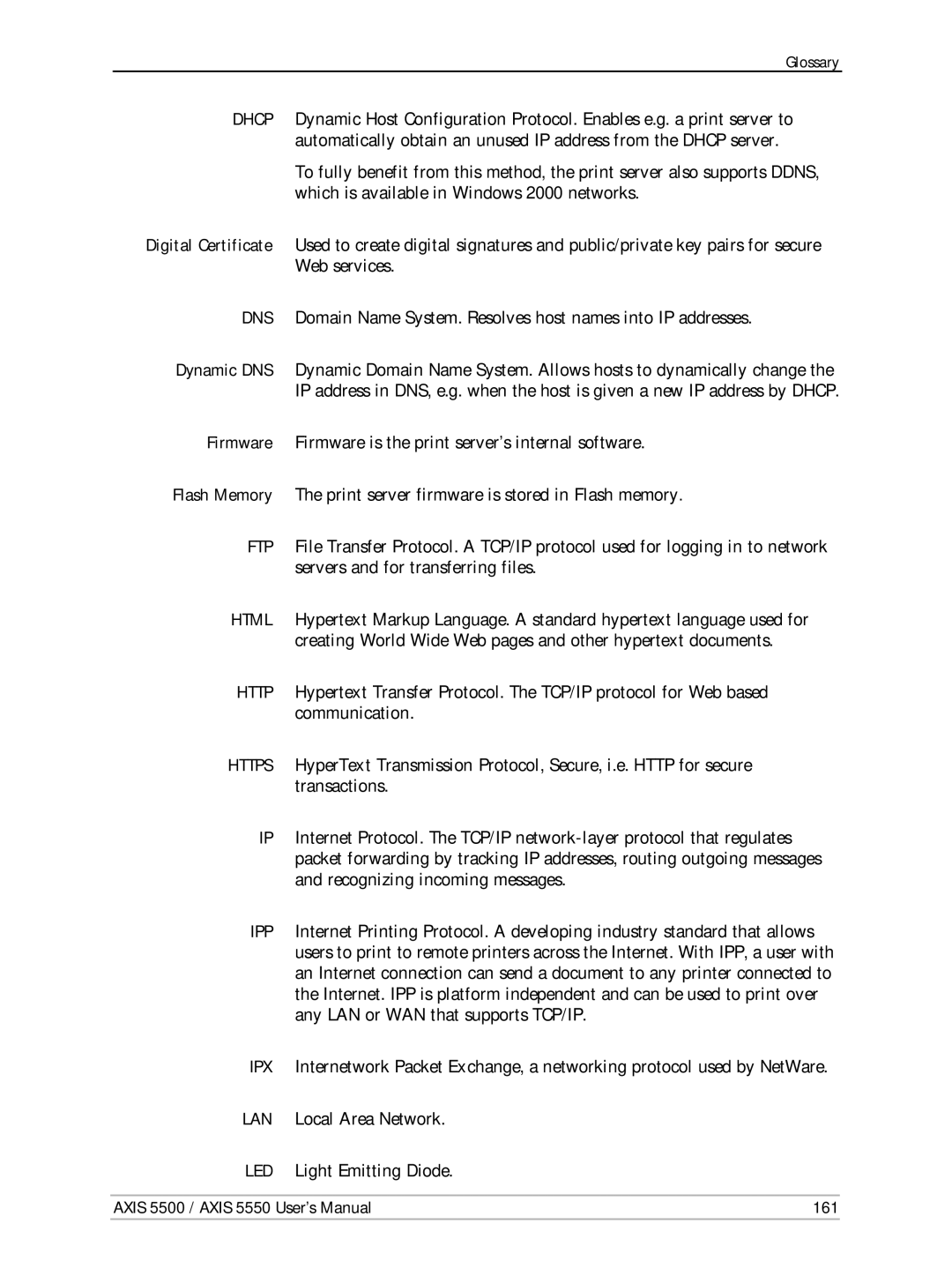 Axis Communications AXIS 5550, Network Print Servers, AXIS 5500 manual Glossary 