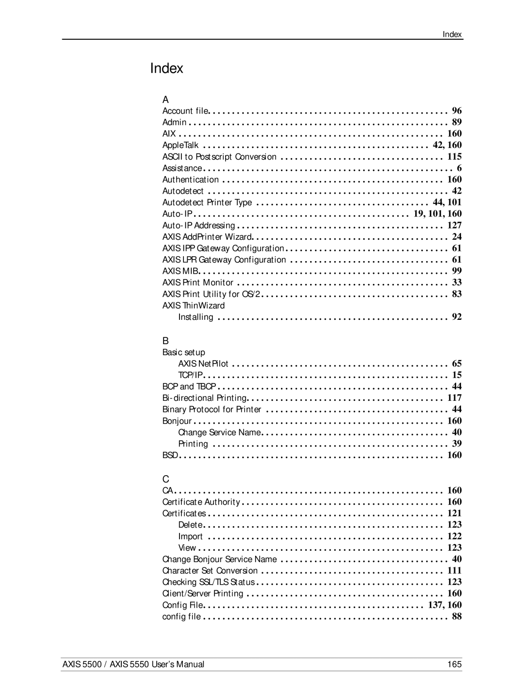 Axis Communications Network Print Servers, AXIS 5500, AXIS 5550 manual Index, Axis 5500 / Axis 5550 User’s Manual 165 