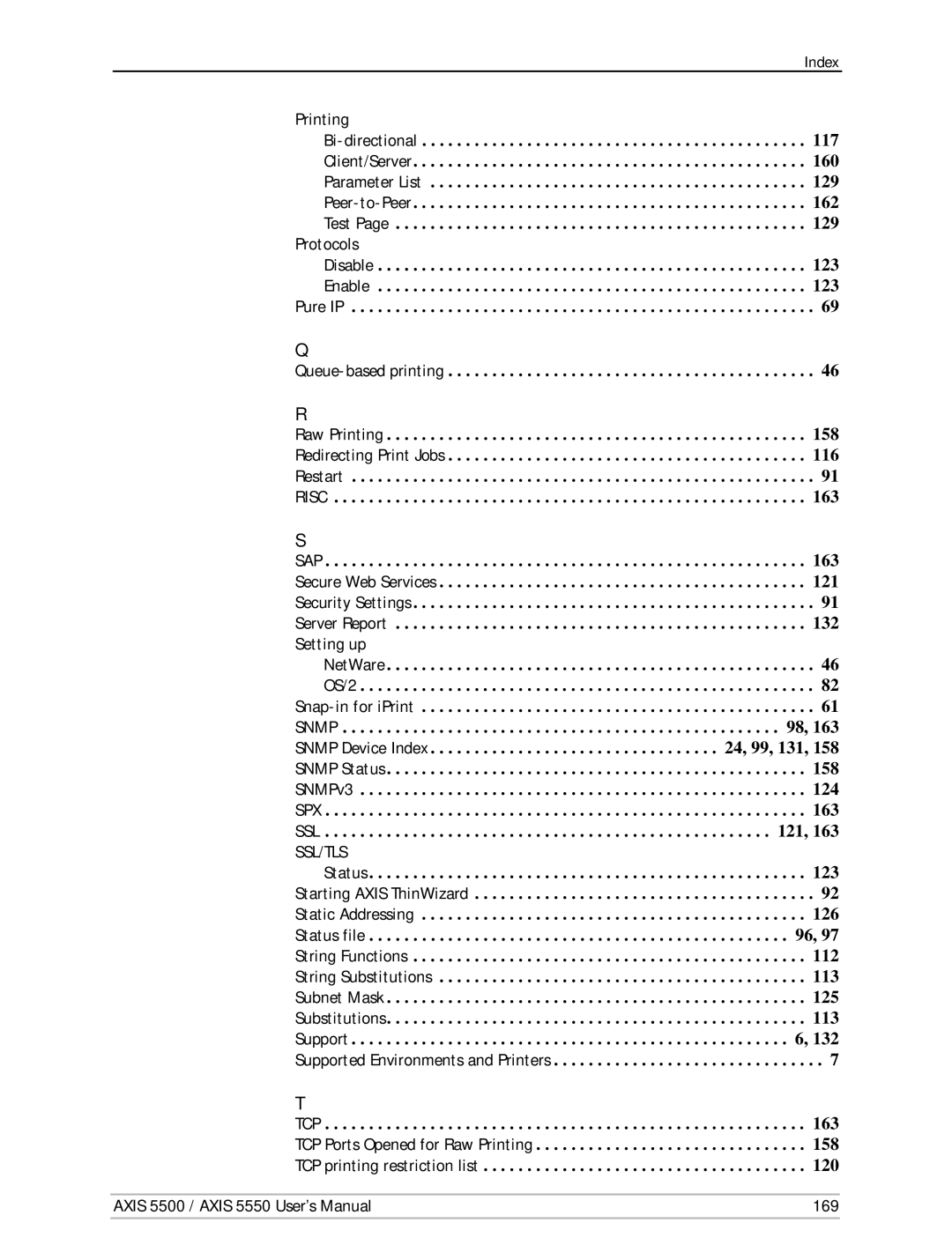 Axis Communications AXIS 5500, AXIS 5550 manual Printing, Protocols, Setting up, Axis 5500 / Axis 5550 User’s Manual 169 