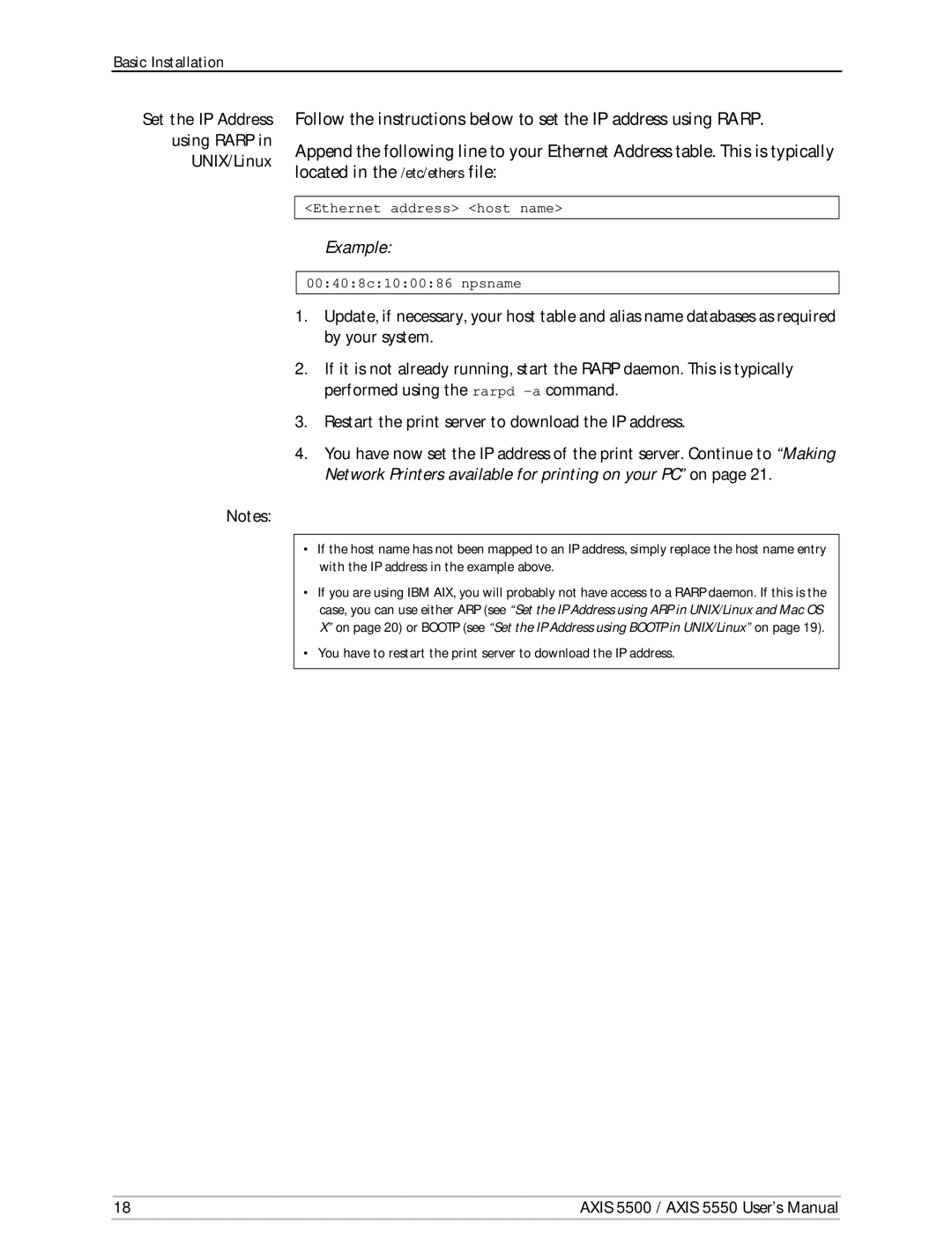 Axis Communications Network Print Servers, AXIS 5500, AXIS 5550 manual Using Rarp UNIX/Linux, Example 