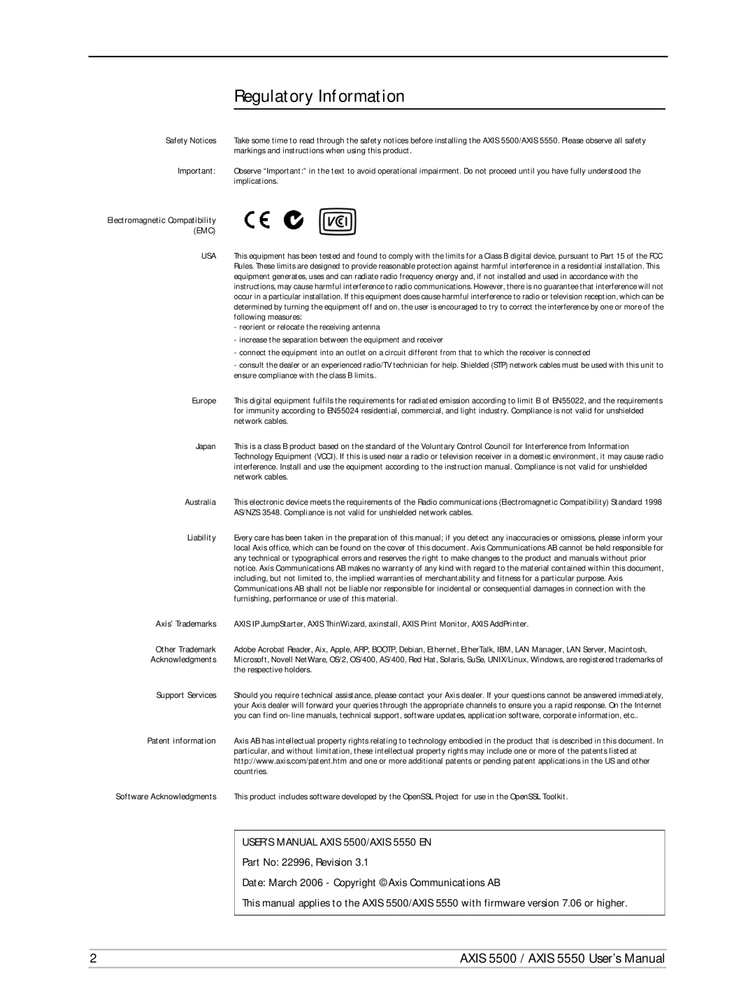 Axis Communications AXIS 5550, Network Print Servers, AXIS 5500 manual Regulatory Information 