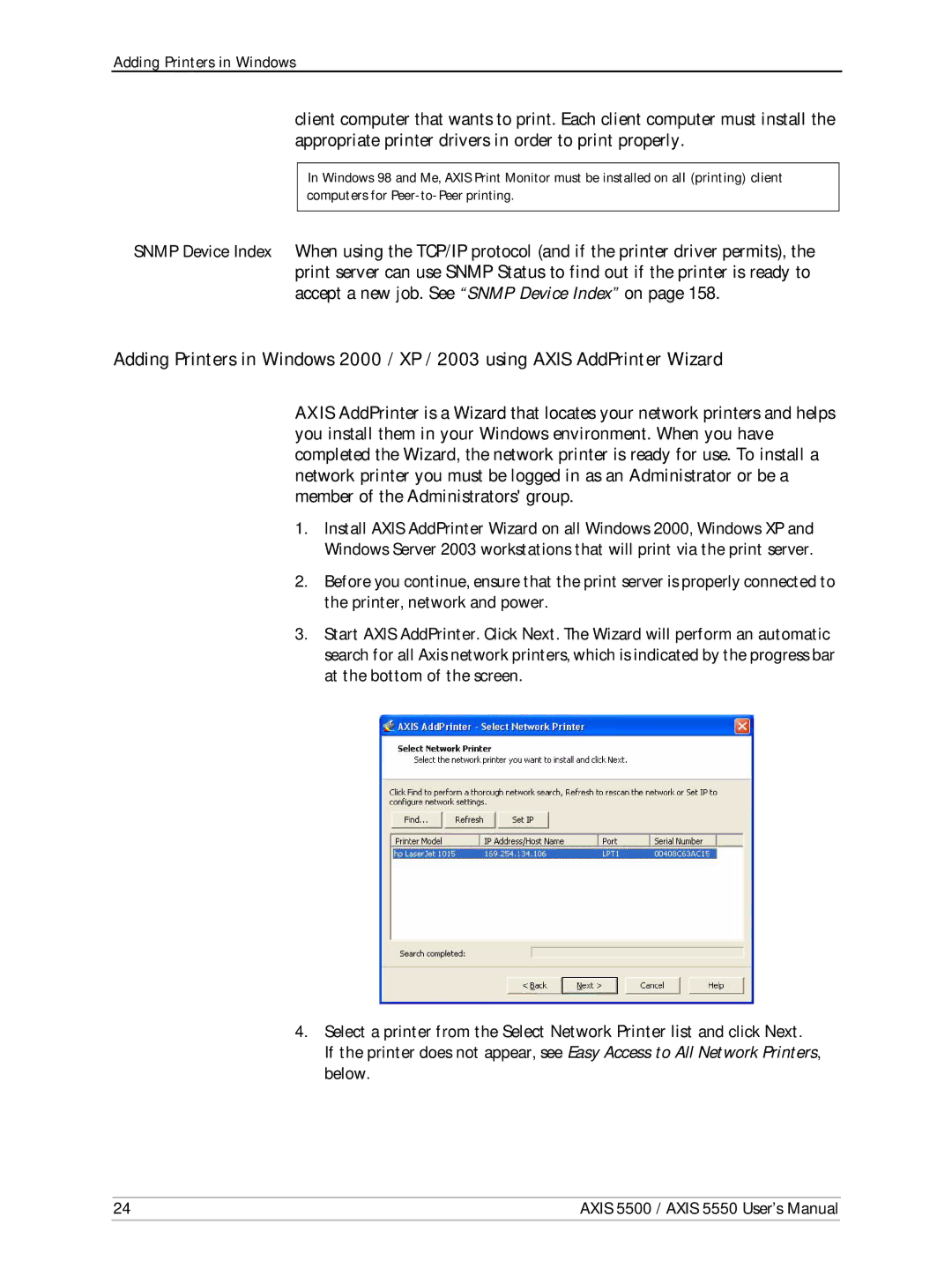 Axis Communications Network Print Servers, AXIS 5500, AXIS 5550 manual Adding Printers in Windows 