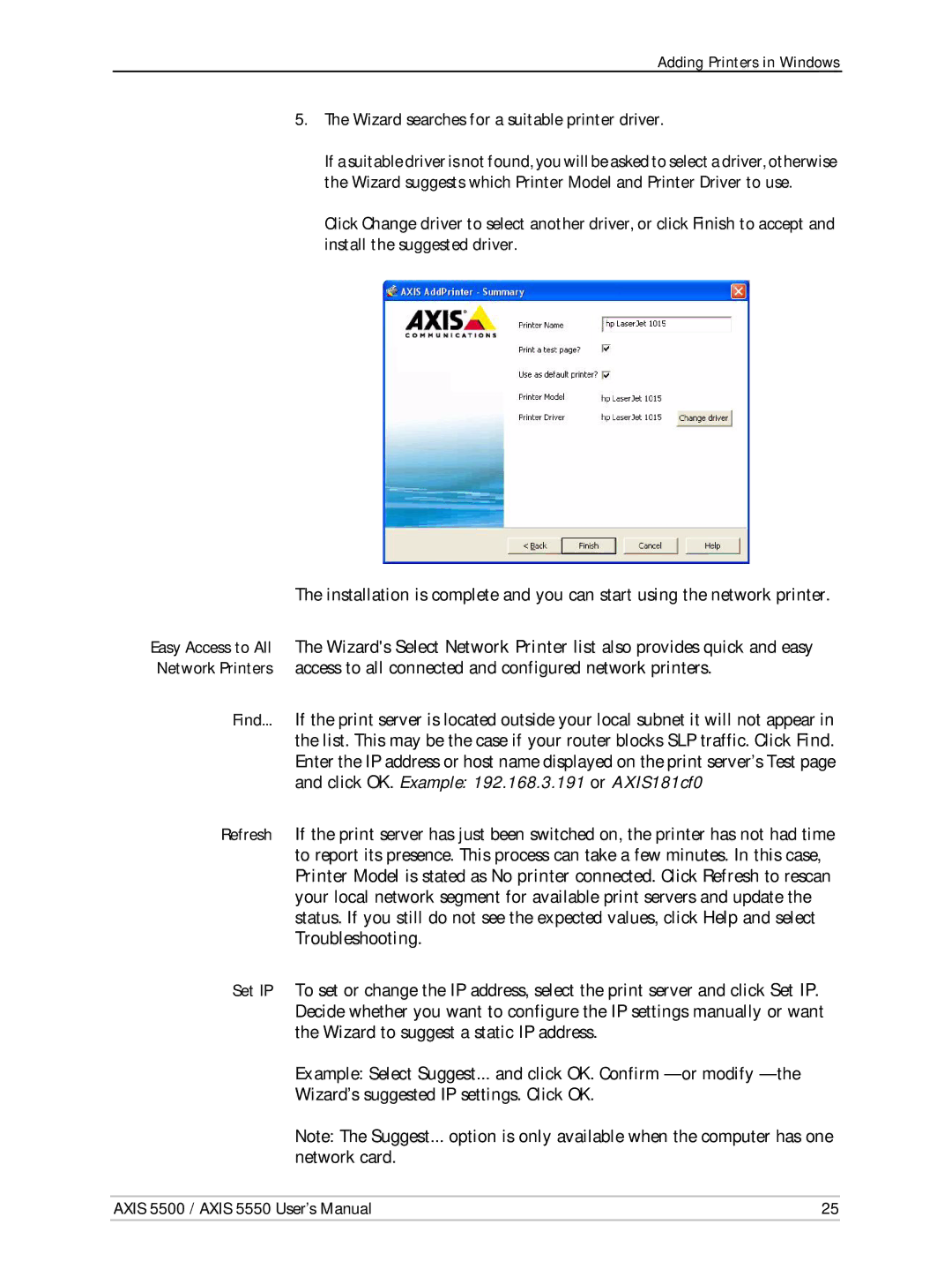 Axis Communications AXIS 5500, Network Print Servers, AXIS 5550 manual Wizard searches for a suitable printer driver 