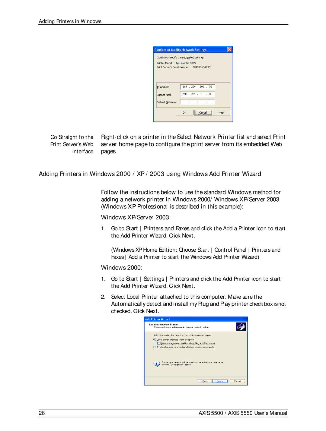 Axis Communications AXIS 5550, Network Print Servers, AXIS 5500 manual Interface pages, Windows XP/Server 