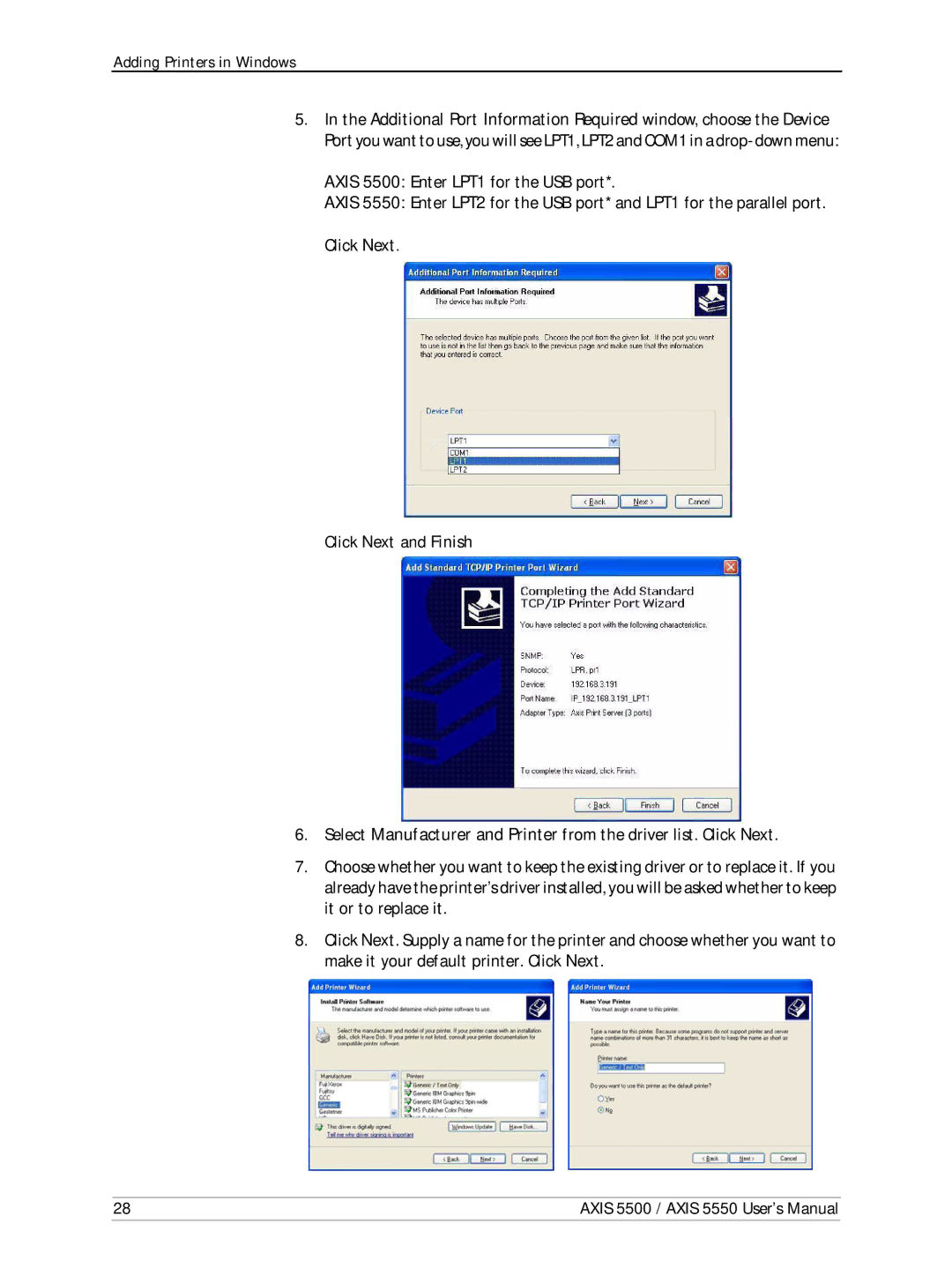 Axis Communications AXIS 5500, Network Print Servers, AXIS 5550 manual Click Next and Finish 