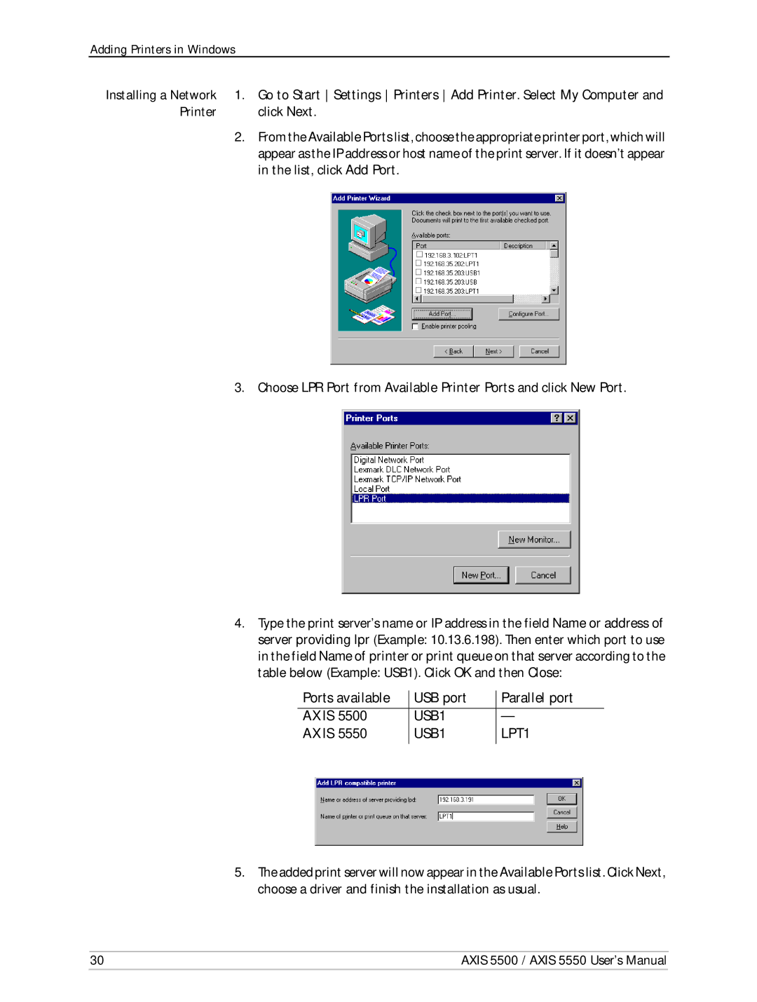 Axis Communications Network Print Servers, AXIS 5500, AXIS 5550 manual Printer Click Next, List, click Add Port 