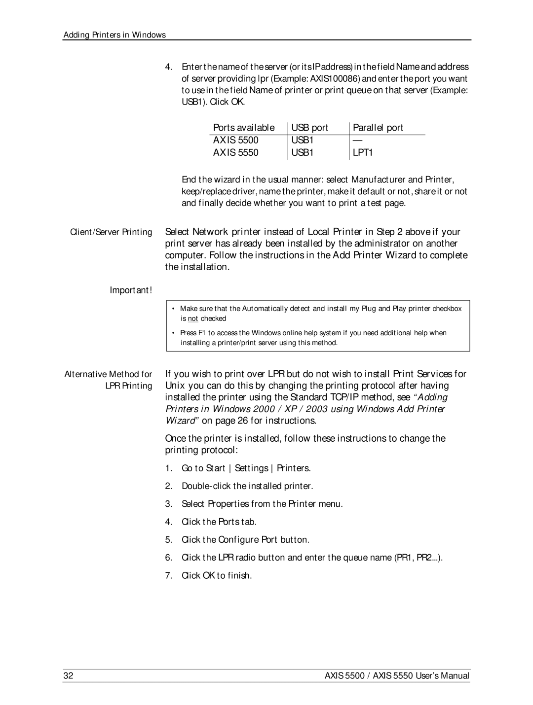 Axis Communications AXIS 5550, Network Print Servers, AXIS 5500 manual Go to Start Settings Printers 