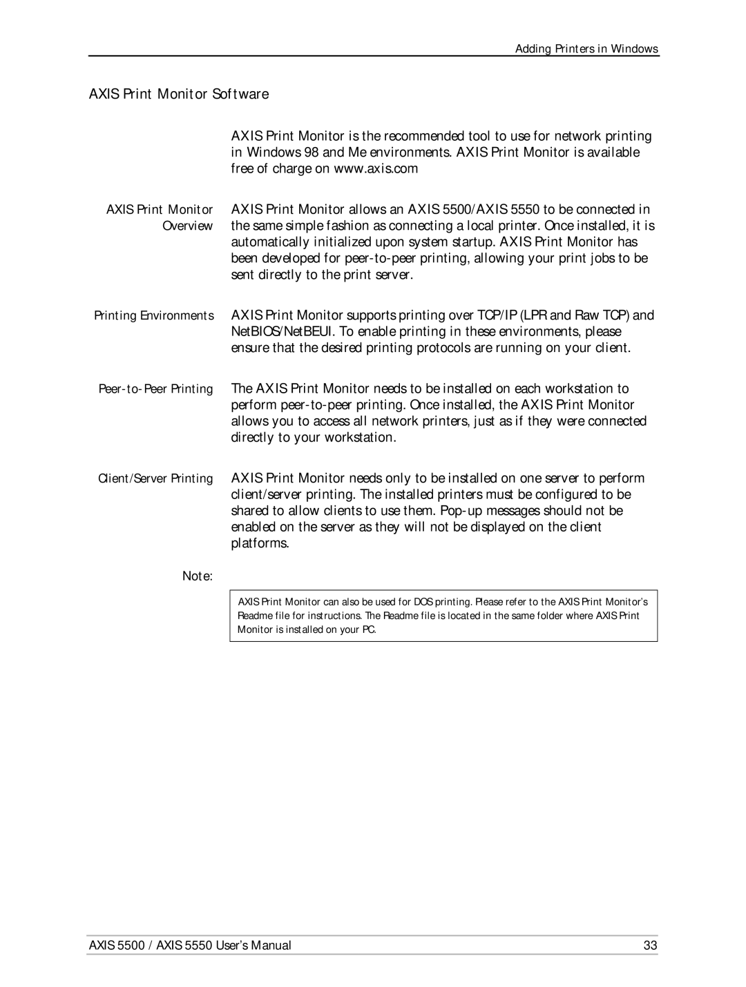 Axis Communications Network Print Servers, AXIS 5500, AXIS 5550 manual Axis Print Monitor Software 