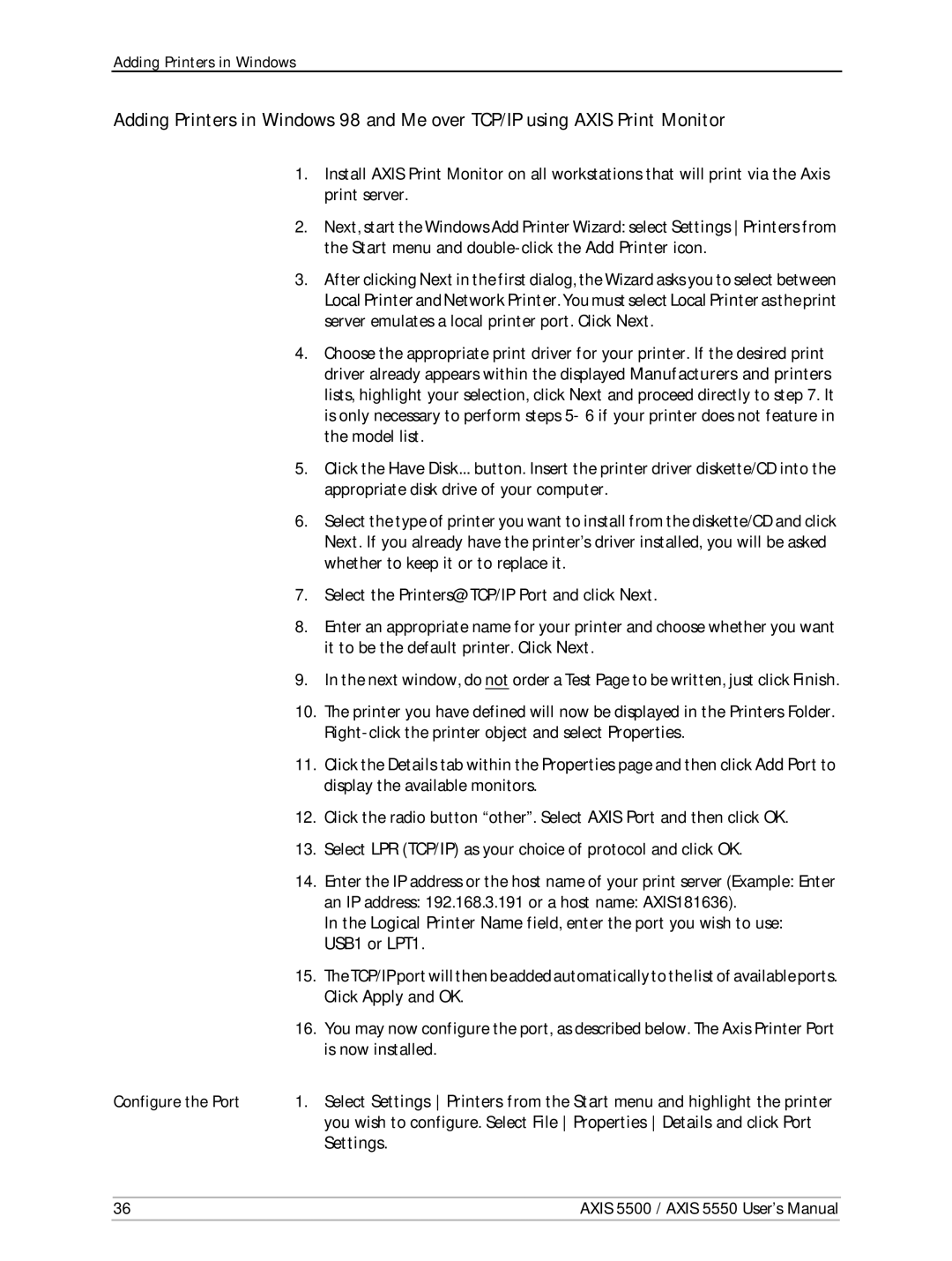 Axis Communications Network Print Servers, AXIS 5500, AXIS 5550 manual Adding Printers in Windows 