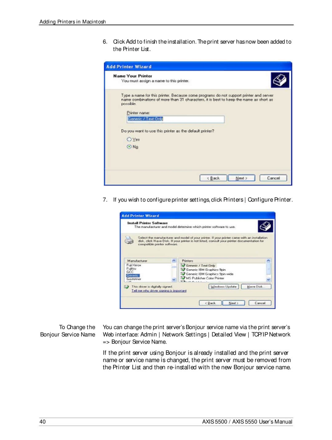 Axis Communications AXIS 5500, Network Print Servers, AXIS 5550 manual = Bonjour Service Name 