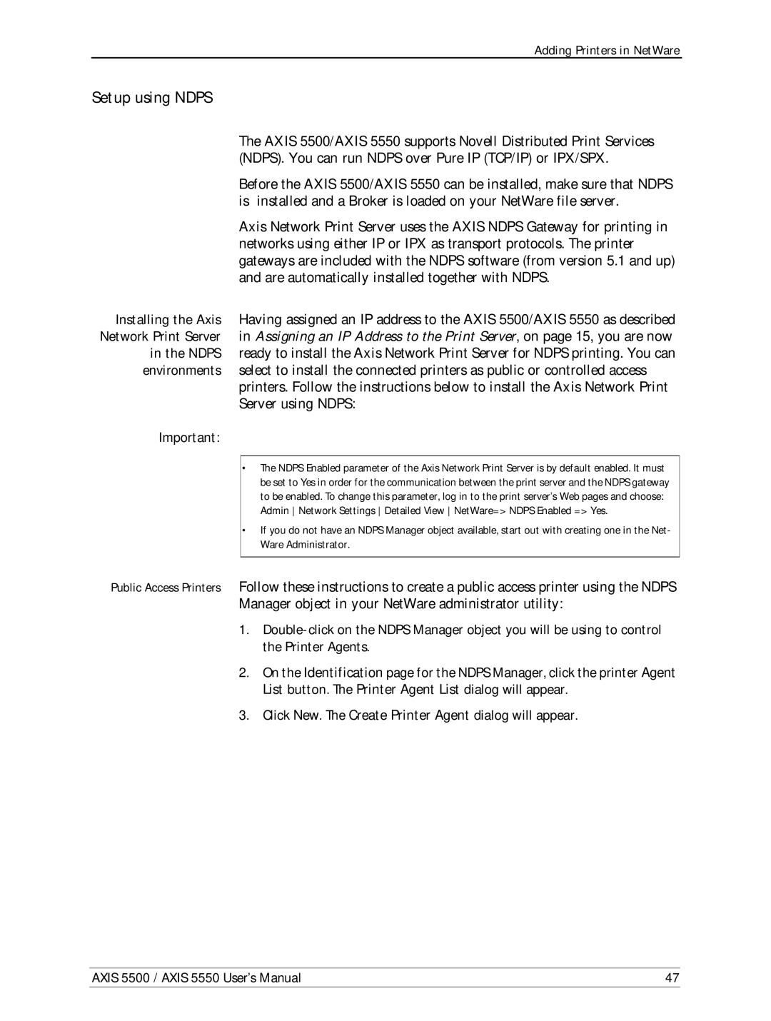 Axis Communications AXIS 5550, Network Print Servers, AXIS 5500 manual Setup using Ndps 