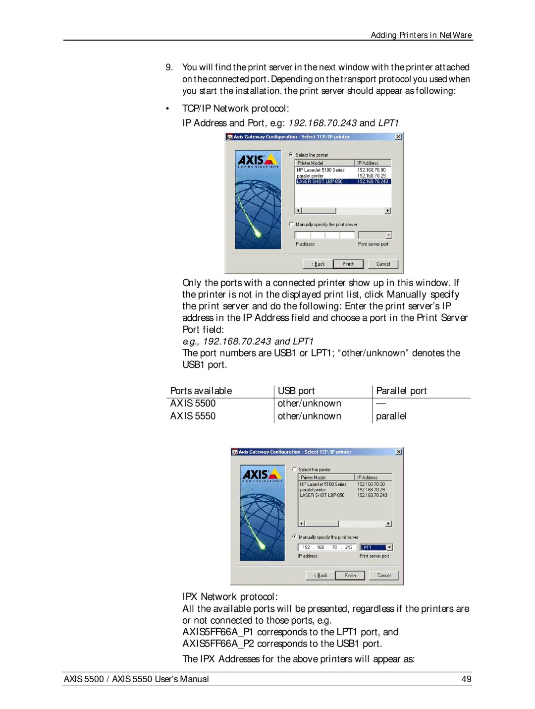 Axis Communications AXIS 5500, Network Print Servers, AXIS 5550 manual TCP/IP Network protocol, IPX Network protocol 