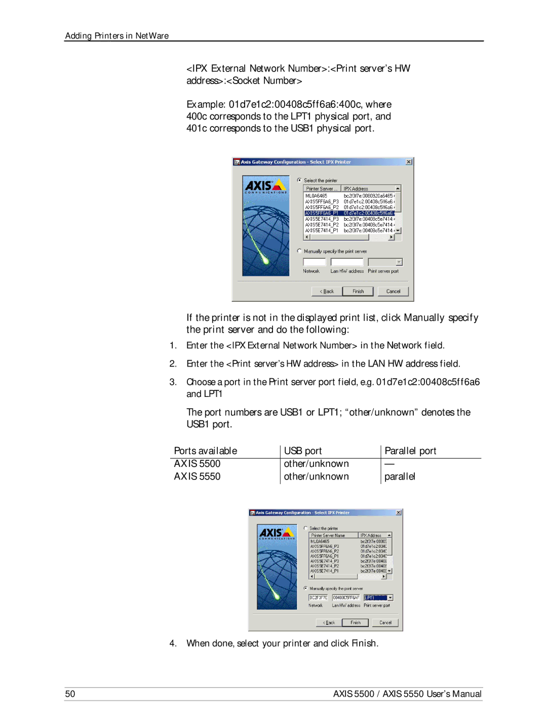 Axis Communications AXIS 5550, Network Print Servers, AXIS 5500 manual Adding Printers in NetWare 