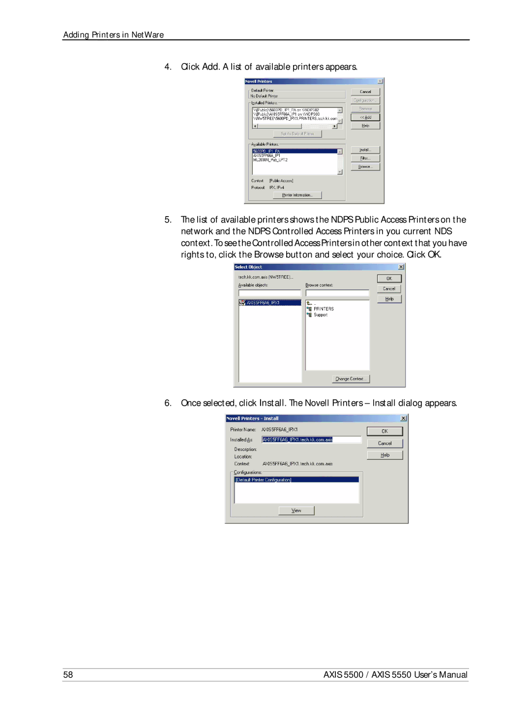 Axis Communications AXIS 5500, Network Print Servers, AXIS 5550 manual Click Add. a list of available printers appears 