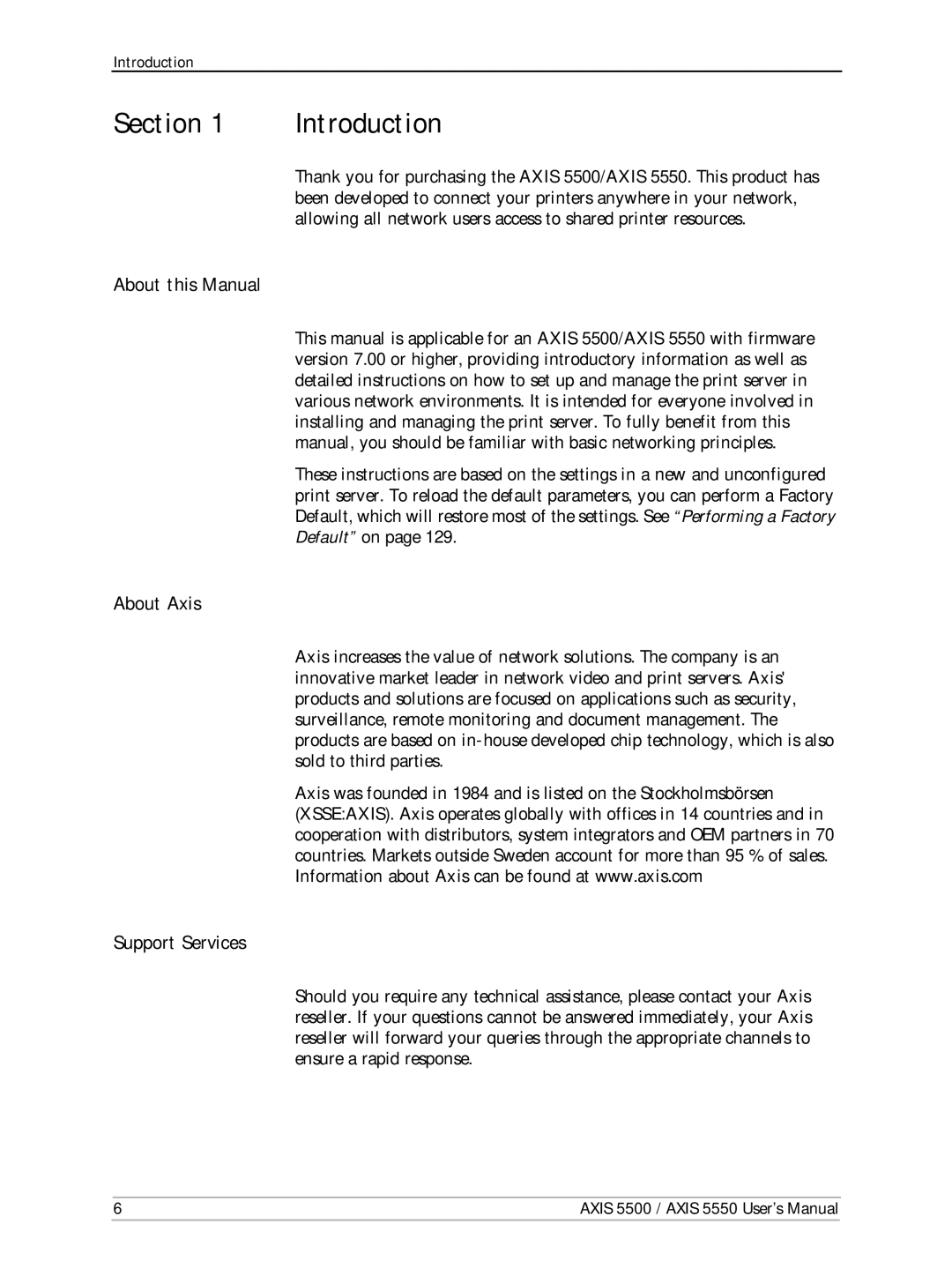 Axis Communications Network Print Servers, AXIS 5500 Section Introduction, About this Manual, About Axis, Support Services 