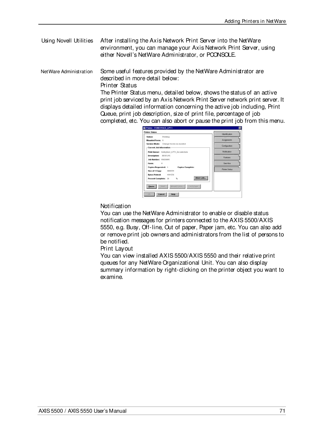 Axis Communications AXIS 5550, Network Print Servers, AXIS 5500 manual Printer Status, Notification, Print Layout 