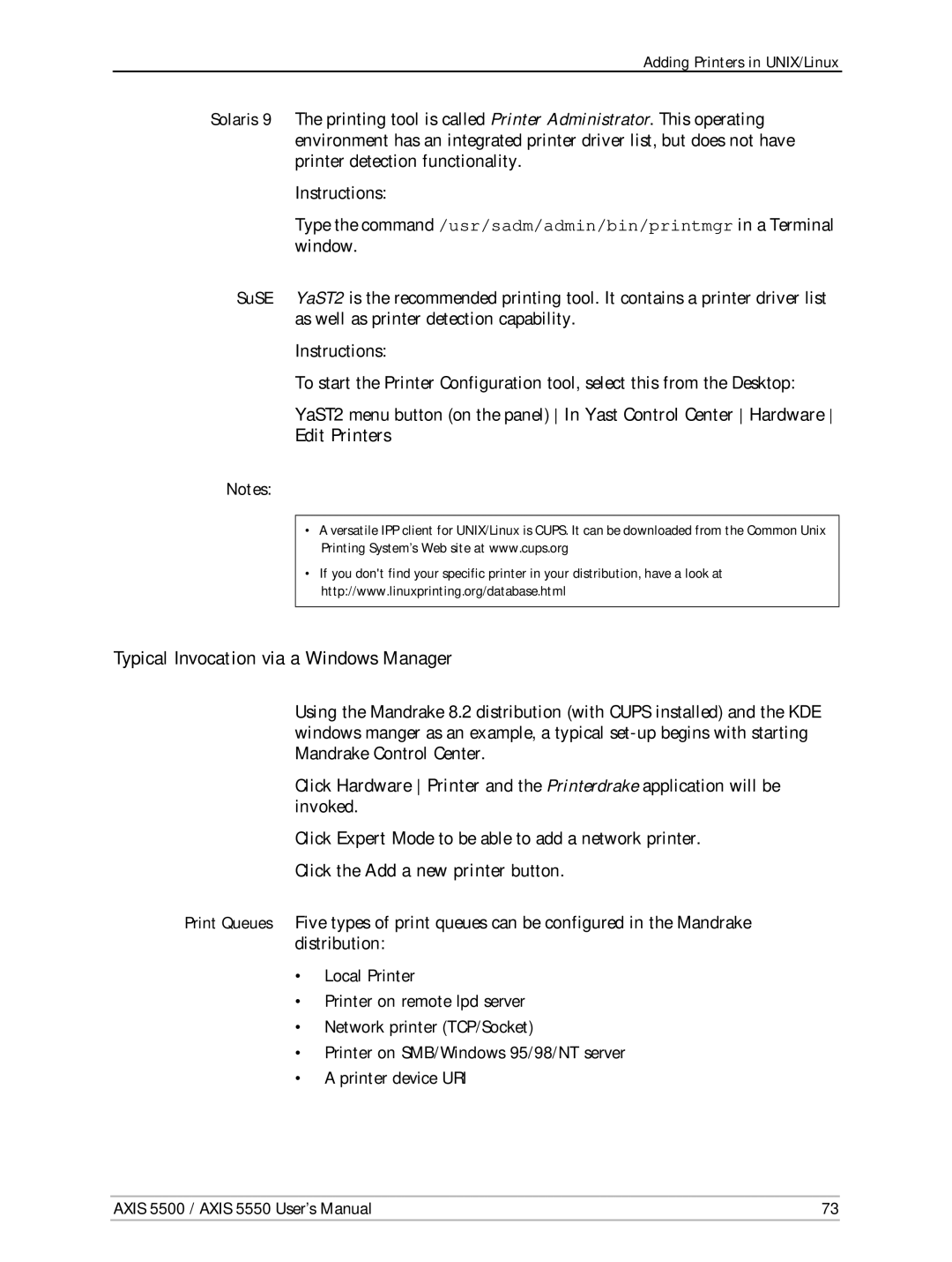 Axis Communications AXIS 5500, AXIS 5550 manual Typical Invocation via a Windows Manager, Click the Add a new printer button 