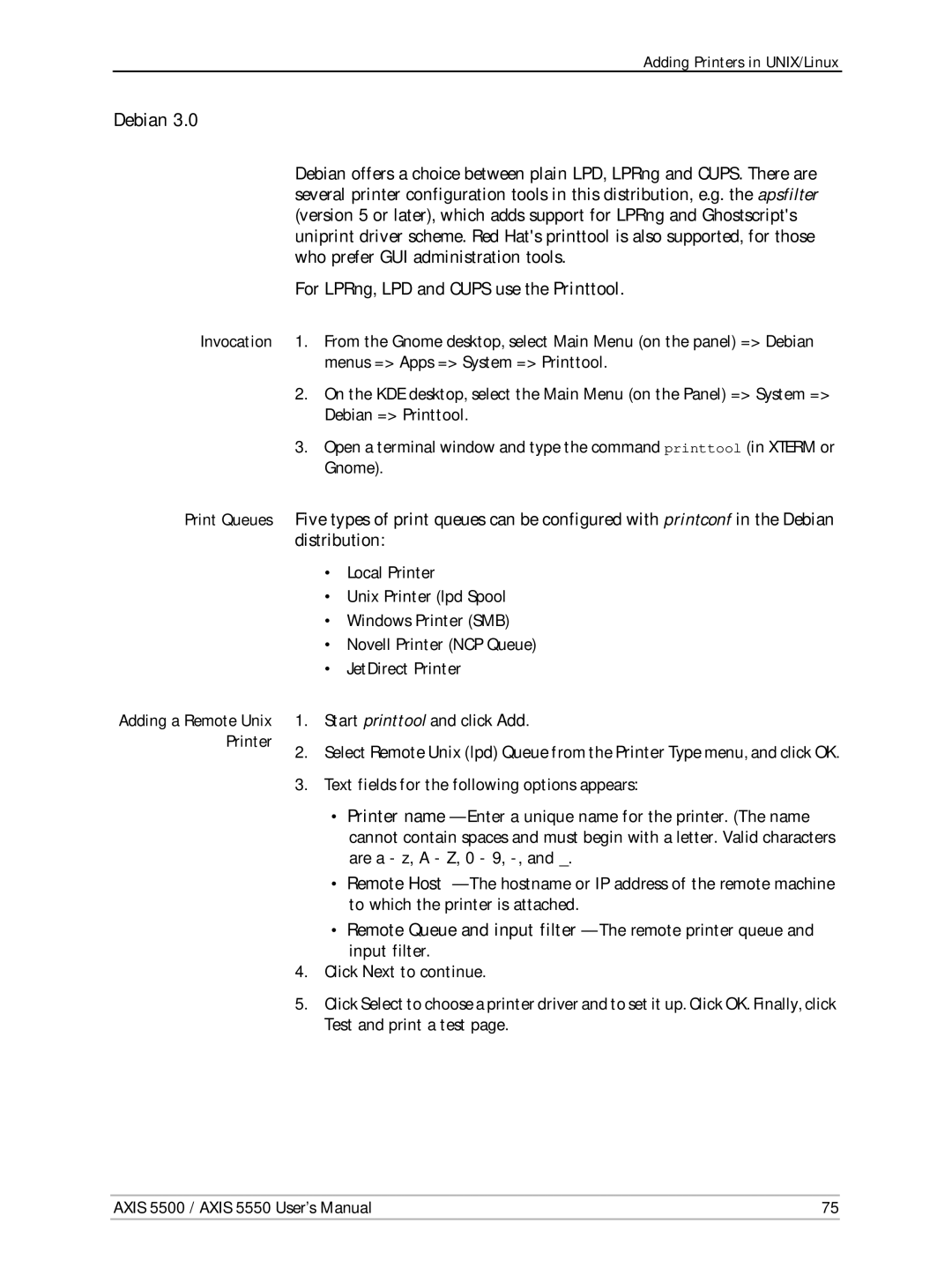 Axis Communications Network Print Servers, AXIS 5500, AXIS 5550 manual Debian, Invocation Print Queues 