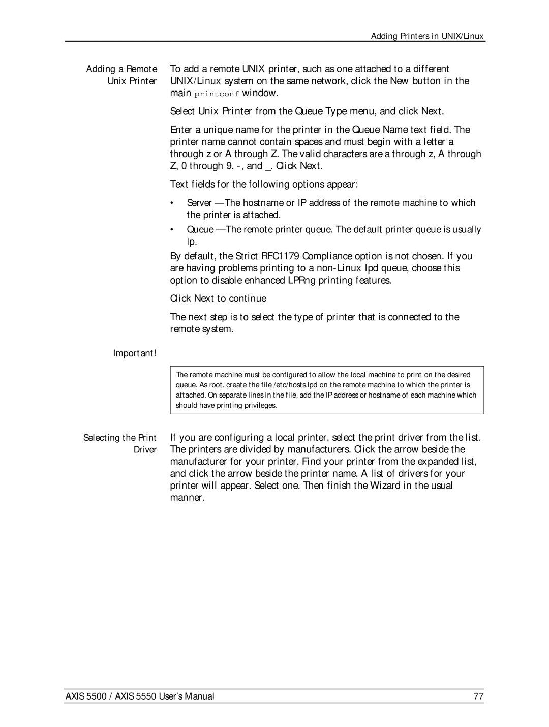 Axis Communications AXIS 5550 manual Main printconf window, Select Unix Printer from the Queue Type menu, and click Next 