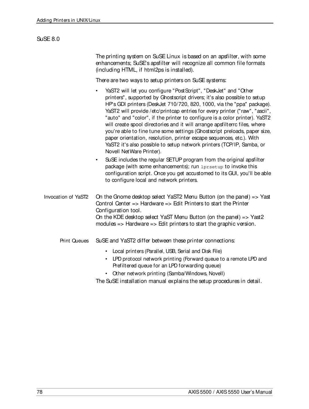 Axis Communications Network Print Servers, AXIS 5500, AXIS 5550 manual SuSE 