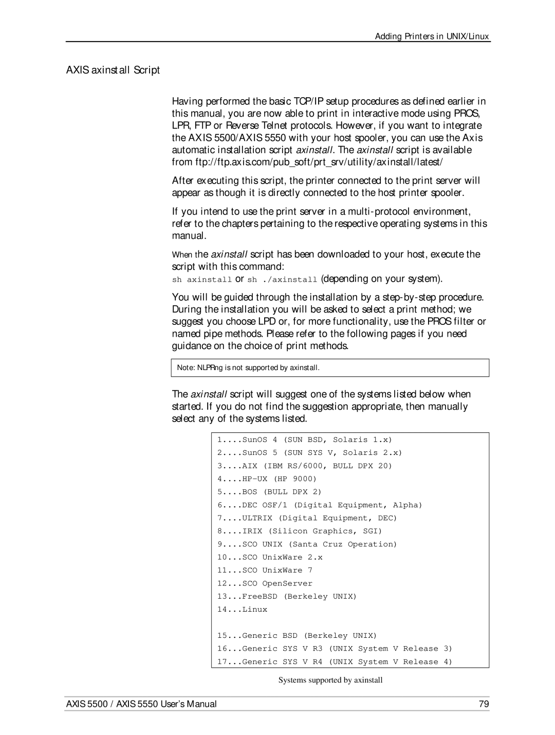 Axis Communications AXIS 5500, Network Print Servers, AXIS 5550 manual Axis axinstall Script 