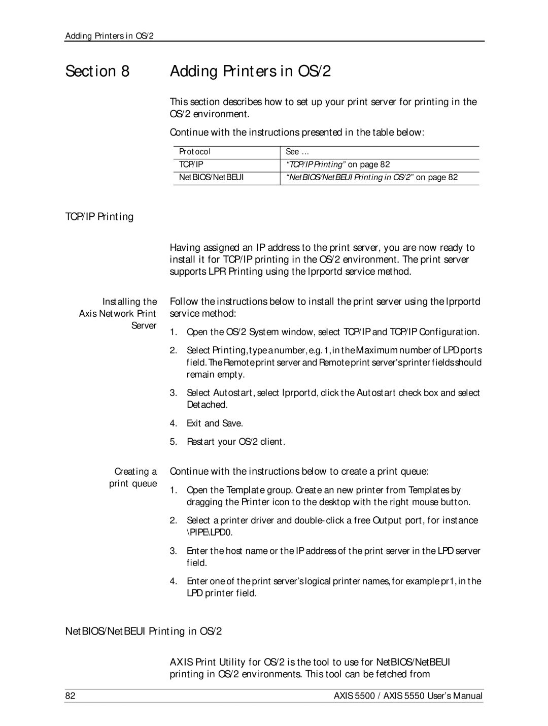 Axis Communications AXIS 5500, AXIS 5550 manual Adding Printers in OS/2, TCP/IP Printing, NetBIOS/NetBEUI Printing in OS/2 