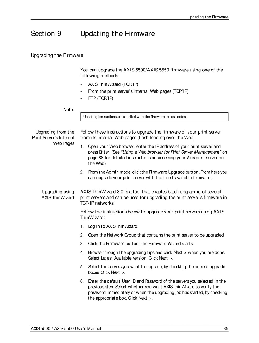 Axis Communications AXIS 5500, Network Print Servers, AXIS 5550 Updating the Firmware, Upgrading the Firmware, Web Pages 