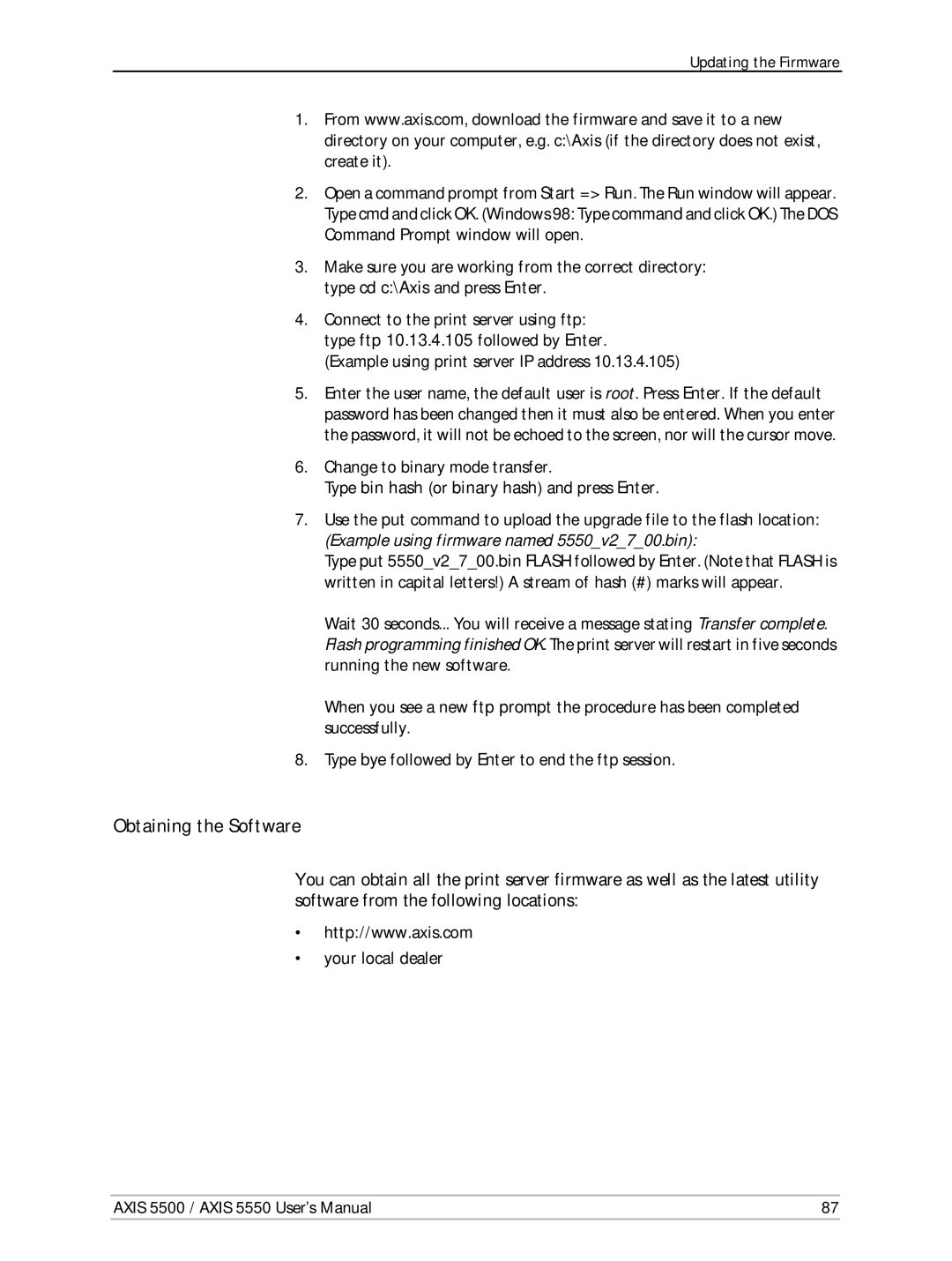 Axis Communications Network Print Servers, AXIS 5500 manual Obtaining the Software, Example using print server IP address 