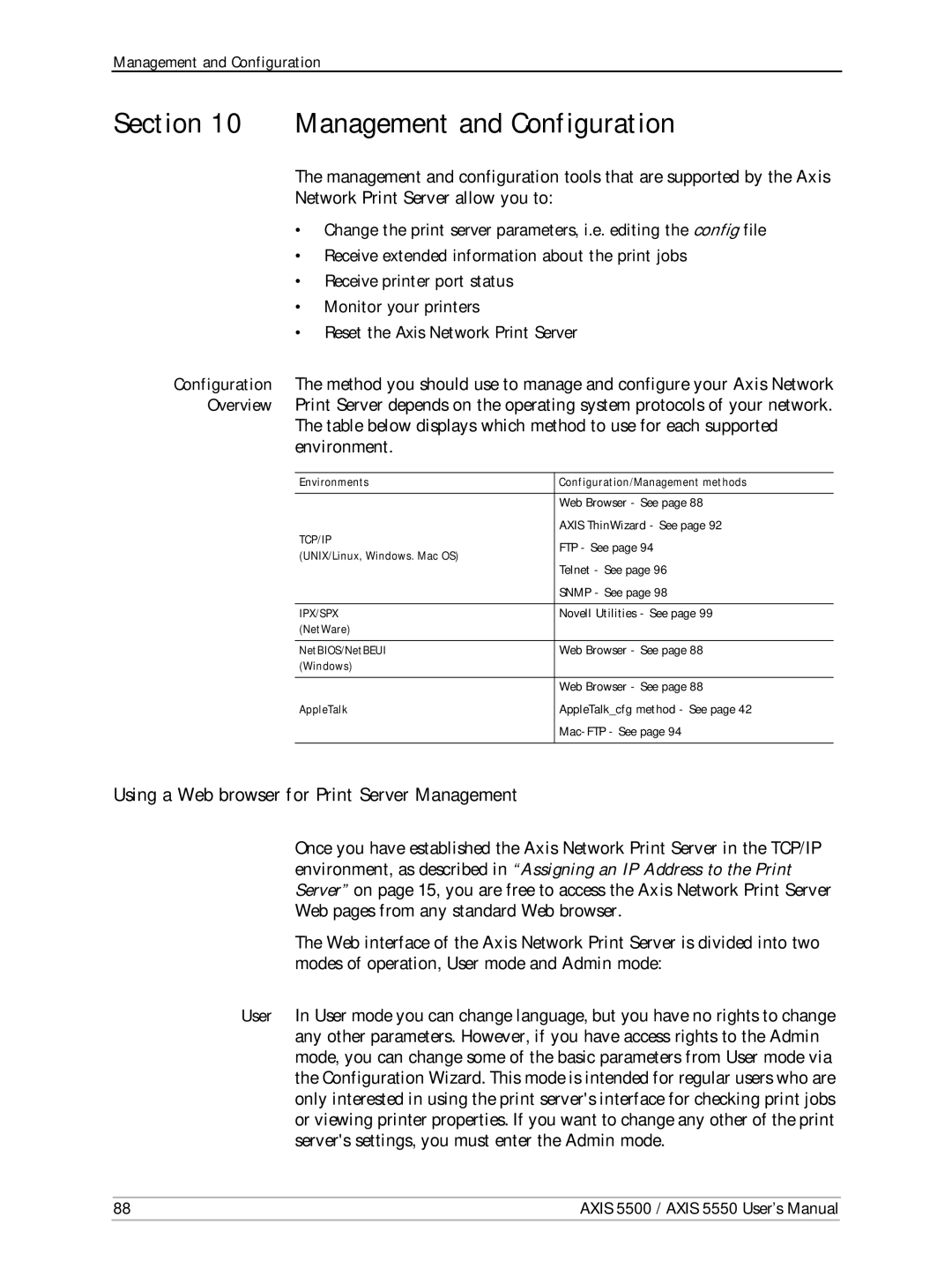 Axis Communications AXIS 5500, AXIS 5550 Management and Configuration, Using a Web browser for Print Server Management 