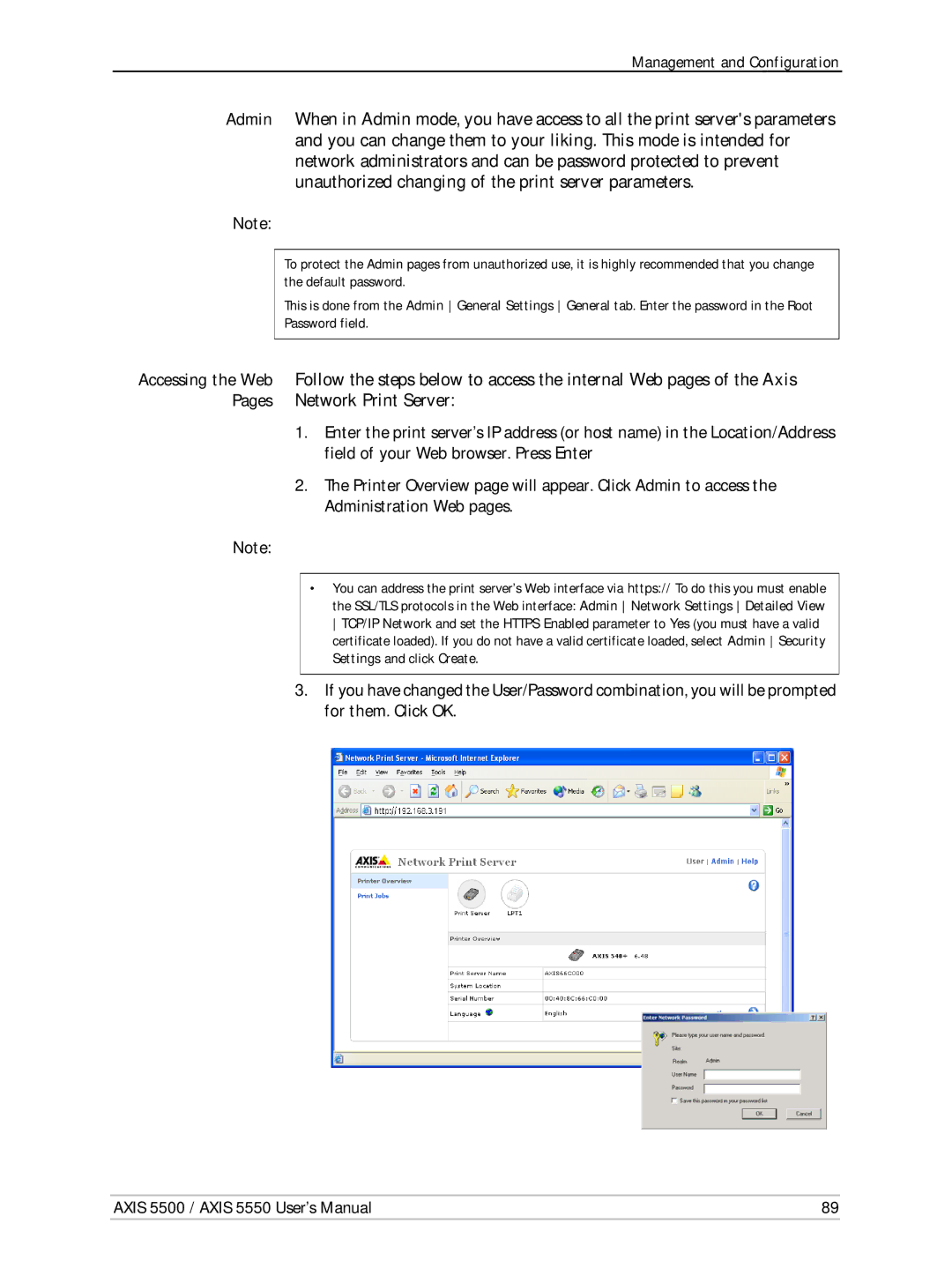 Axis Communications AXIS 5550, Network Print Servers, AXIS 5500 manual Management and Configuration 