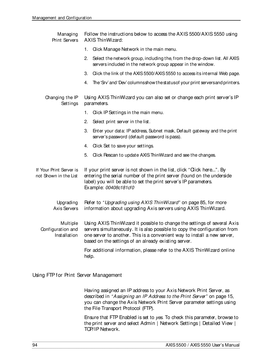 Axis Communications AXIS 5500, Network Print Servers, AXIS 5550 manual Using FTP for Print Server Management 