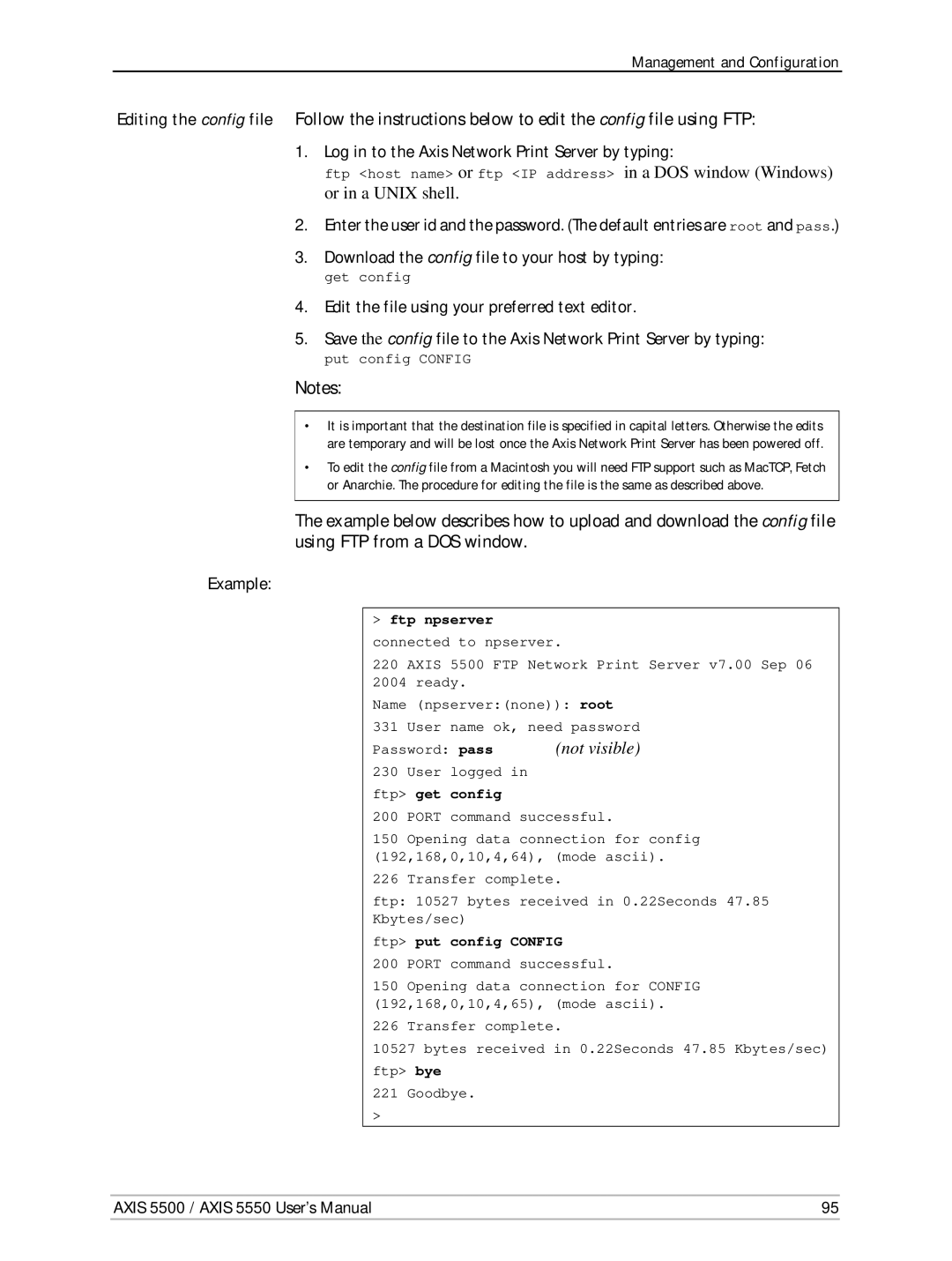 Axis Communications AXIS 5550, Network Print Servers, AXIS 5500 manual Example, Put config Config 