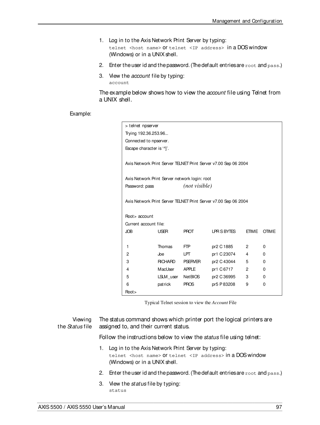 Axis Communications AXIS 5500, Network Print Servers, AXIS 5550 manual Typical Telnet session to view the Account File 