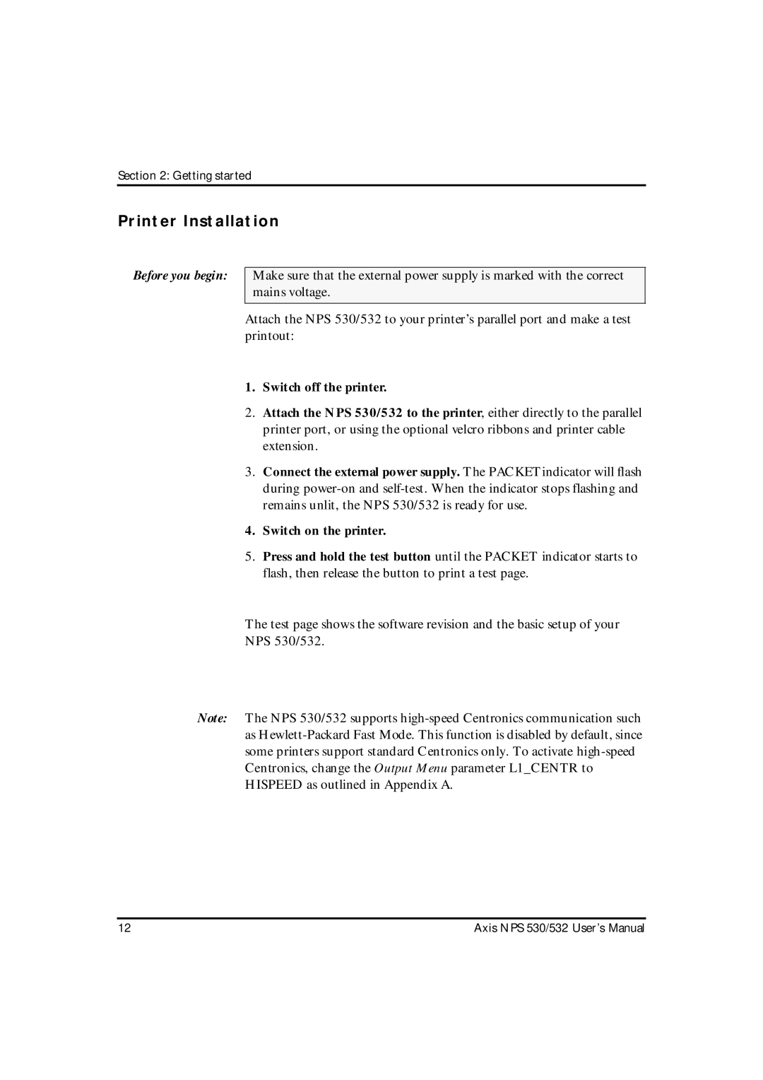 Axis Communications NPS 532, NPS 530 user manual Printer Installation, Before you begin 