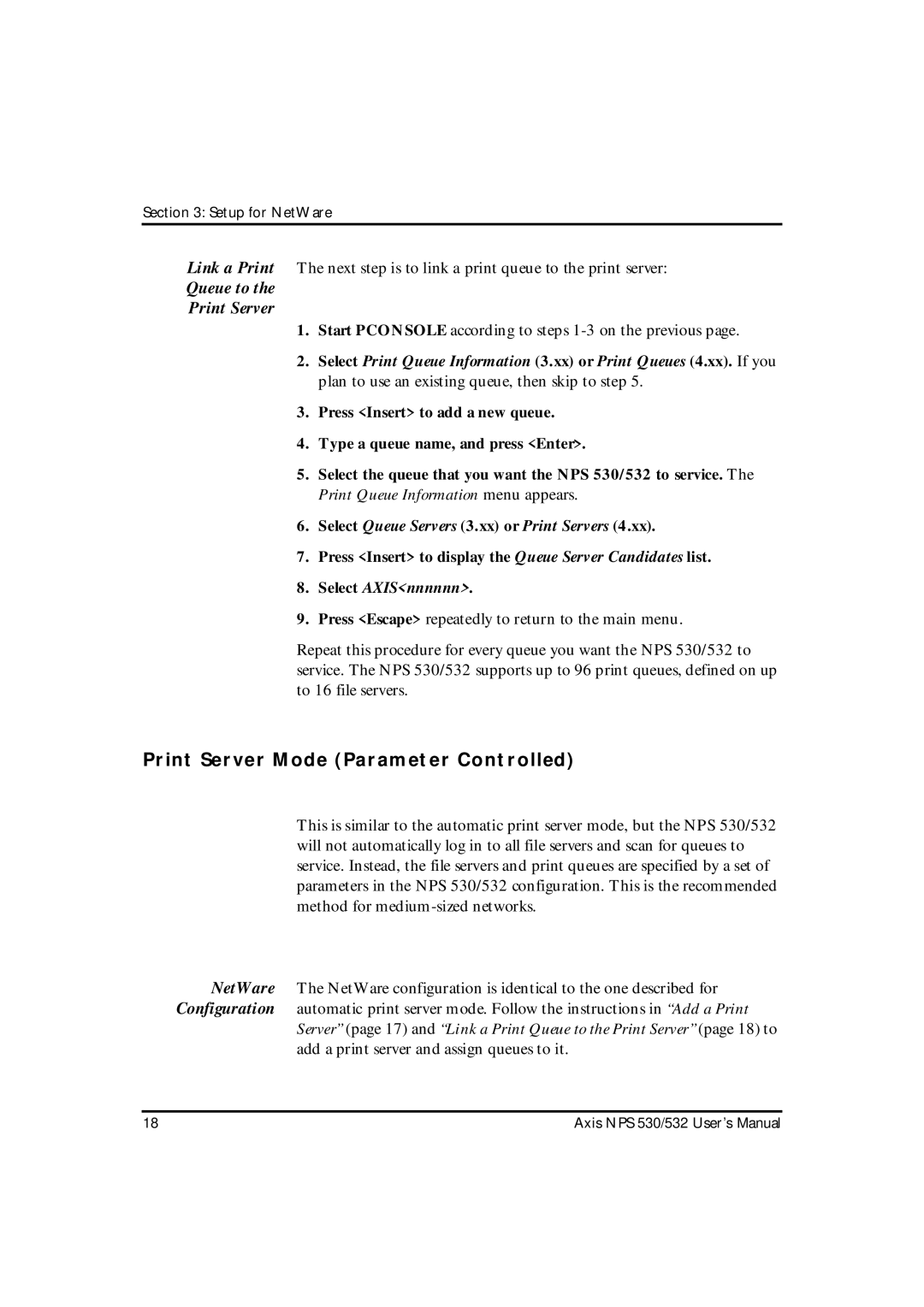 Axis Communications NPS 532, NPS 530 Print Server Mode Parameter Controlled, Queue to Print Server, Select AXISnnnnnn 